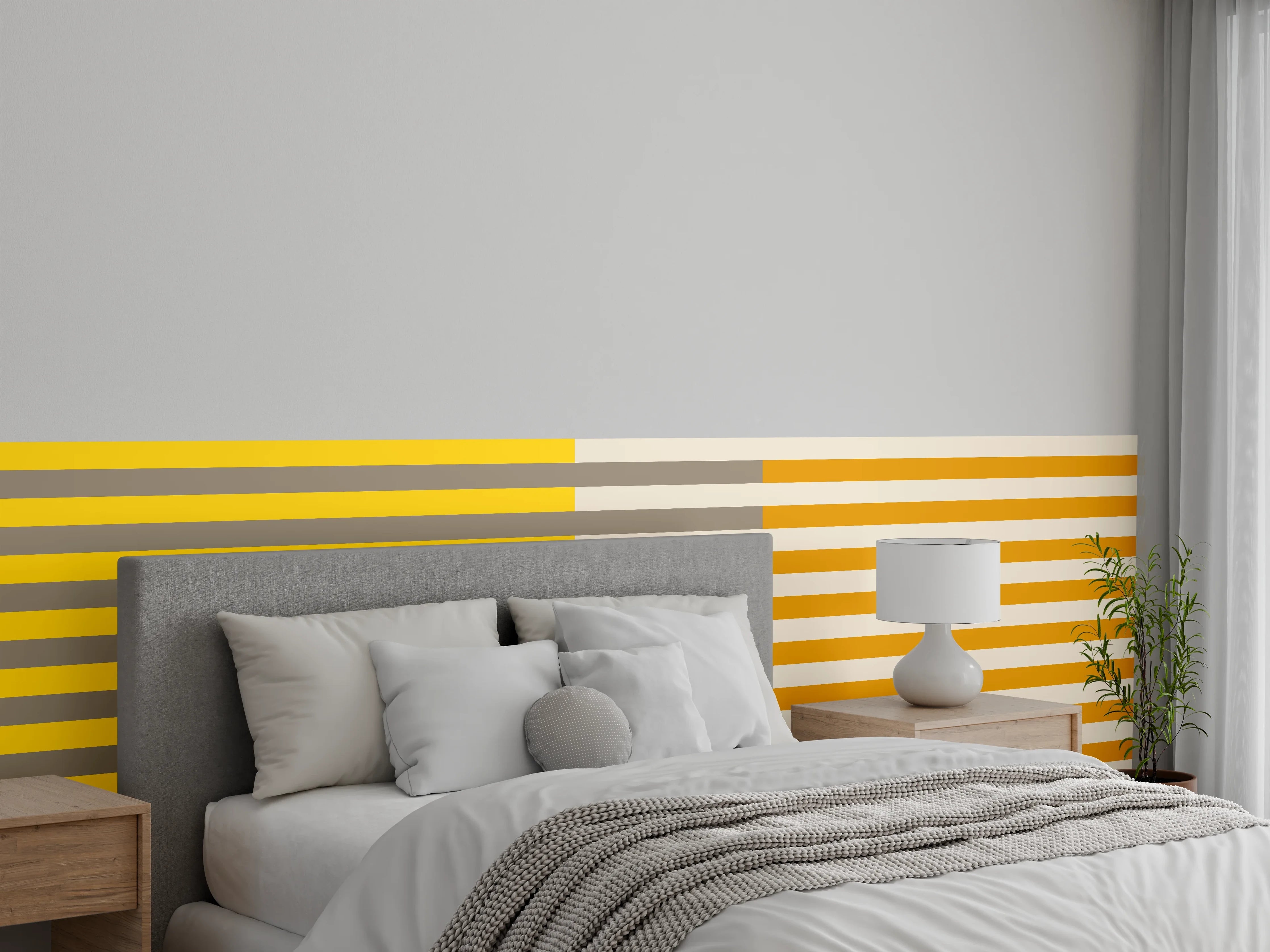 Wandverkleidung Schlafzimmer - Stilvolle Linien in Gelb und Grauschattierungen
