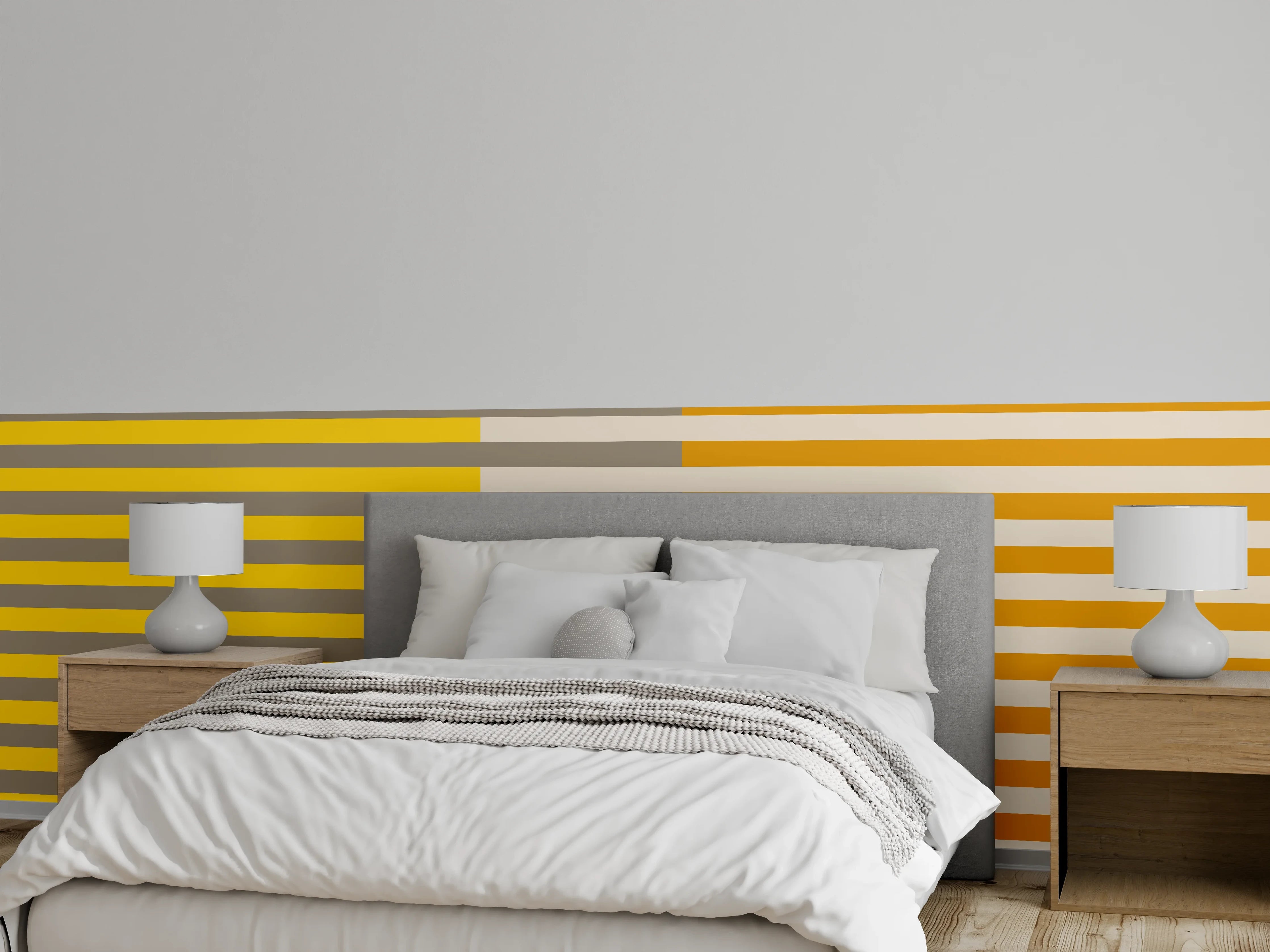 Wandverkleidung Schlafzimmer - Stilvolle Linien in Gelb und Grauschattierungen