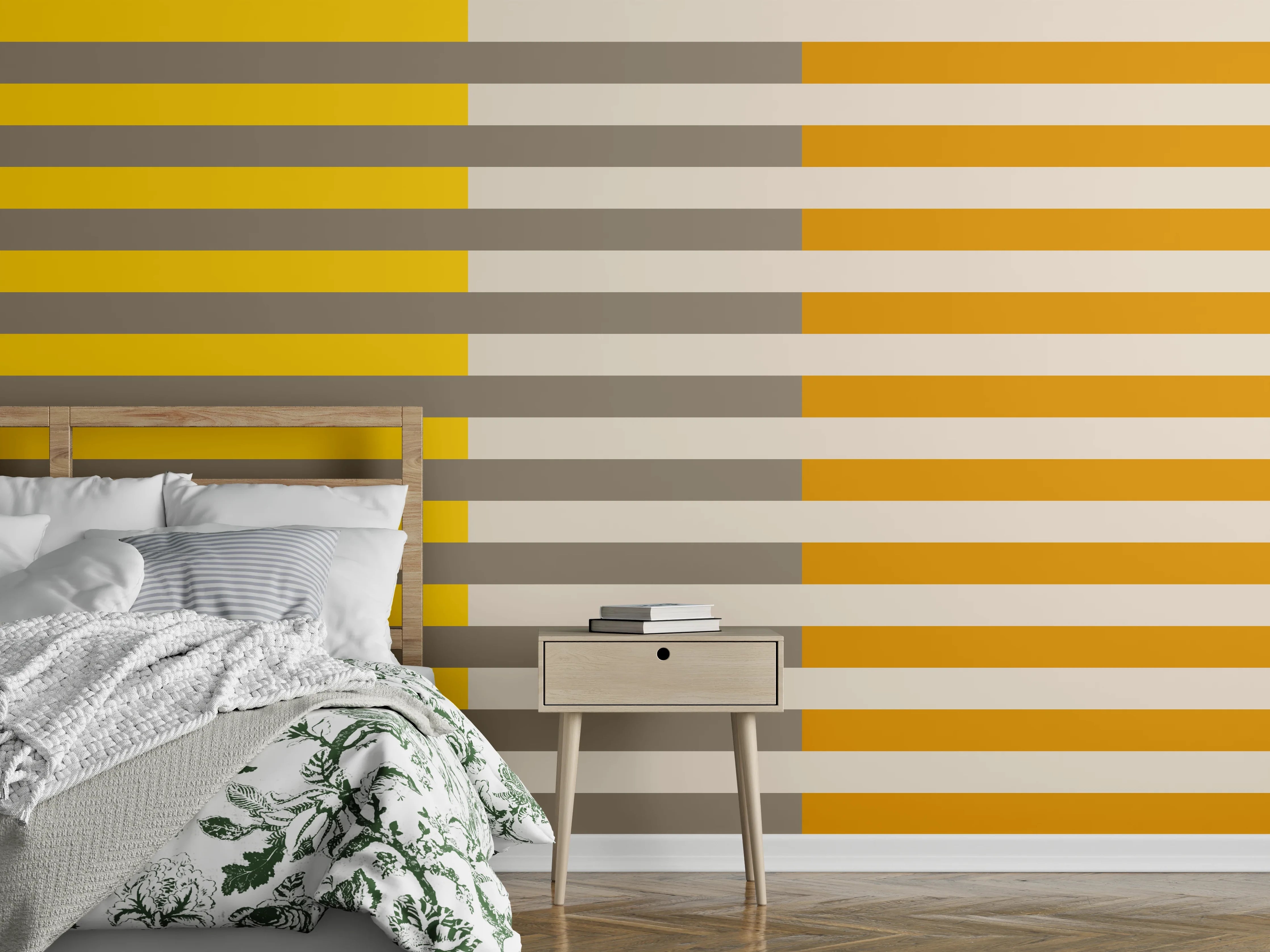 Wandverkleidung Schlafzimmer - Stilvolle Linien in Gelb und Grauschattierungen