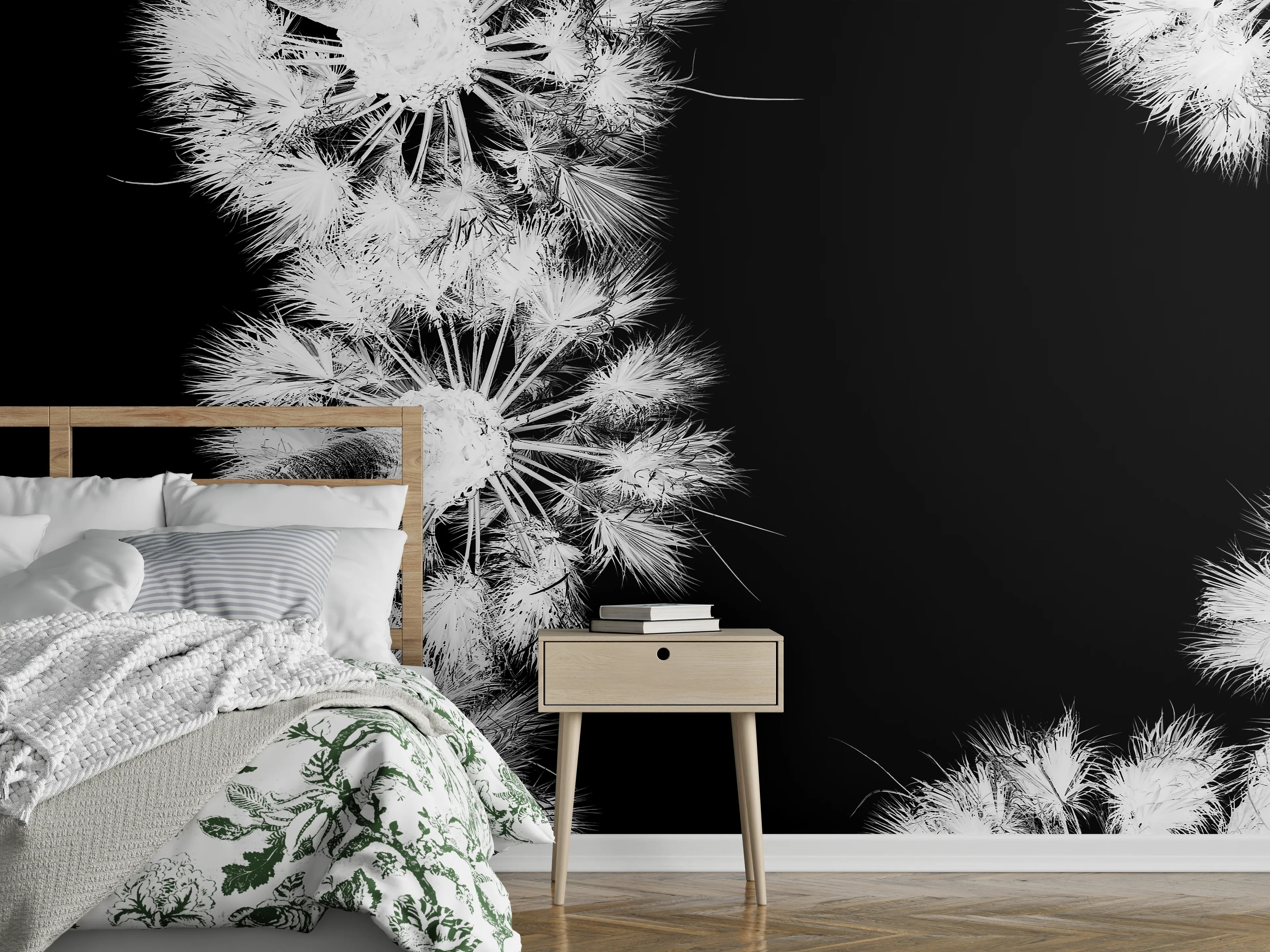 Wandverkleidung Schlafzimmer - Stilvolle Schwarz-Weiß-Pusteblumen-Wandkunst