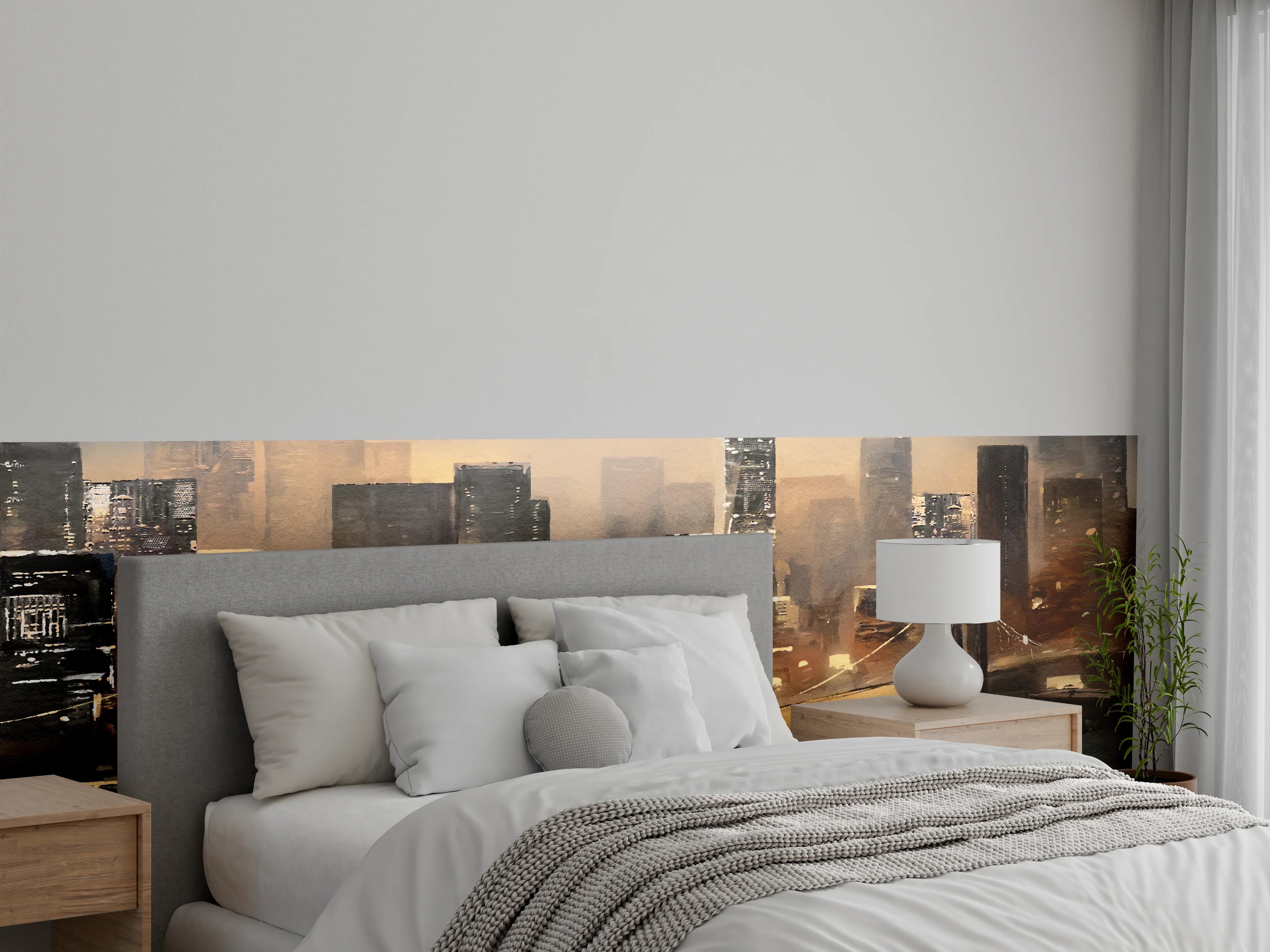 Wandverkleidung Schlafzimmer - Stimmungsvolle Skyline Aquarell Kunst