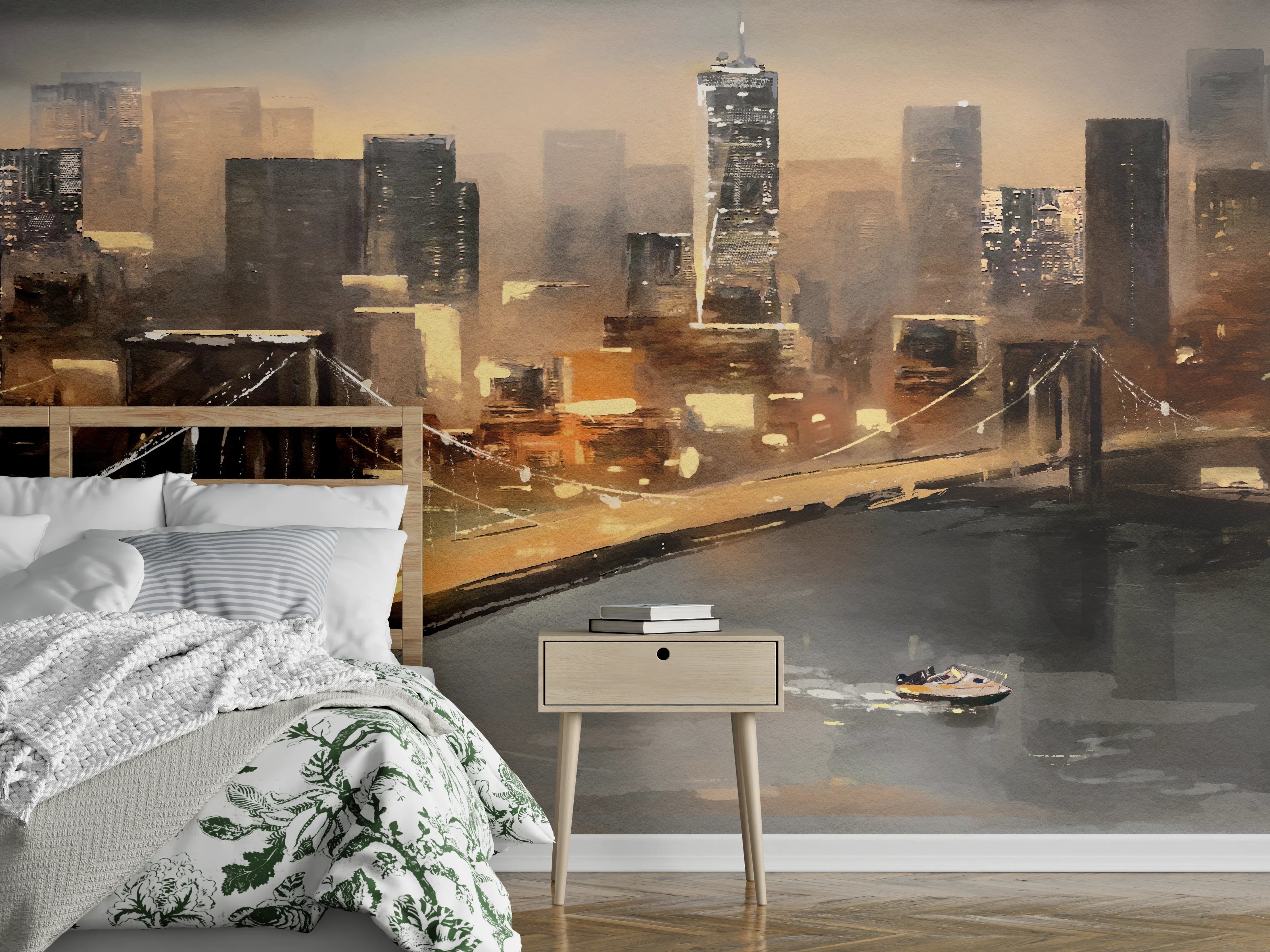 Wandverkleidung Schlafzimmer - Stimmungsvolle Skyline Aquarell Kunst