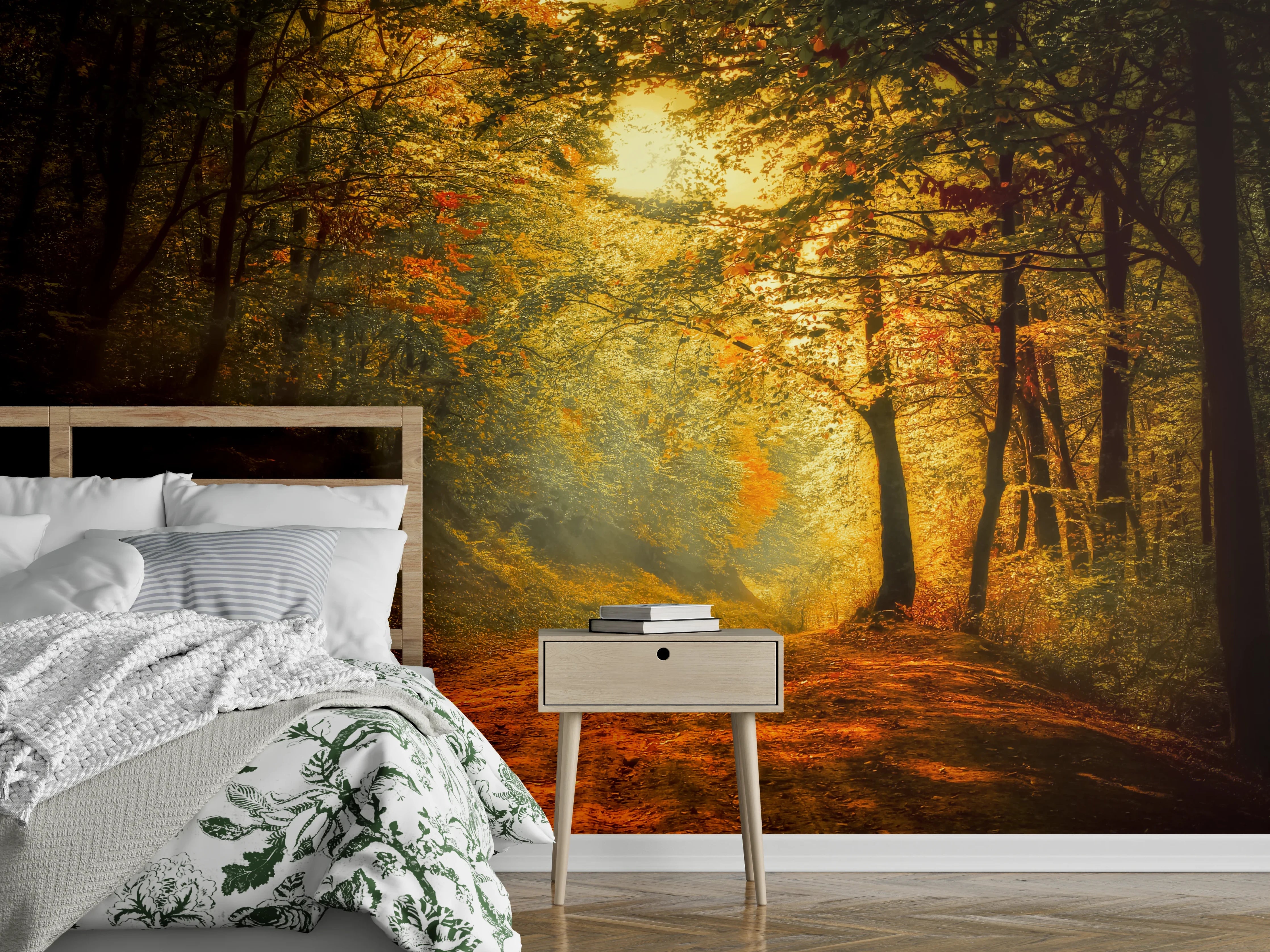 Wandverkleidung Schlafzimmer - Stimmungsvoller Herbstwald Fotomotiv