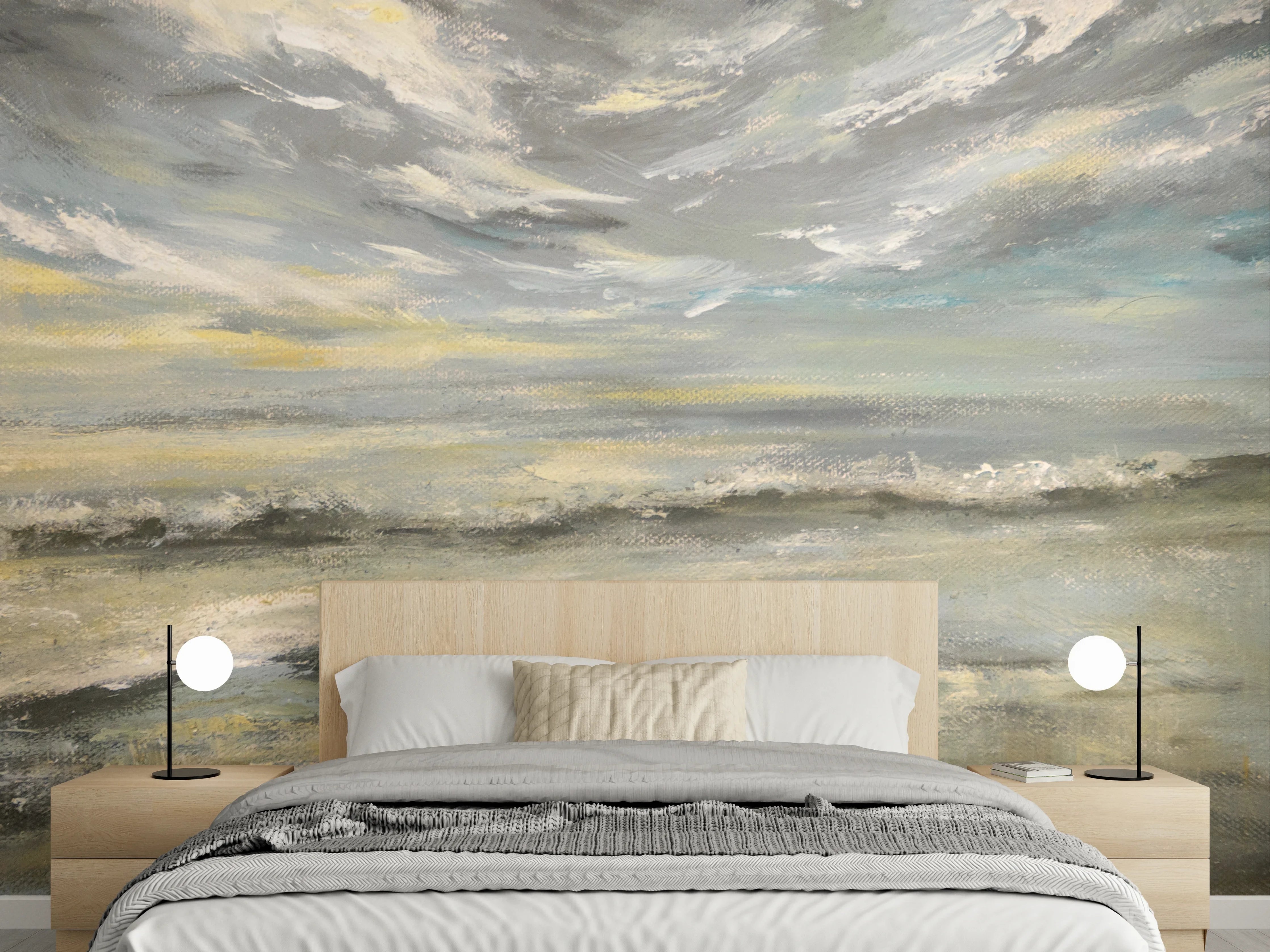 Wandverkleidung Schlafzimmer - Stimmungsvolles Meer Aquarell mit grauem Himmel