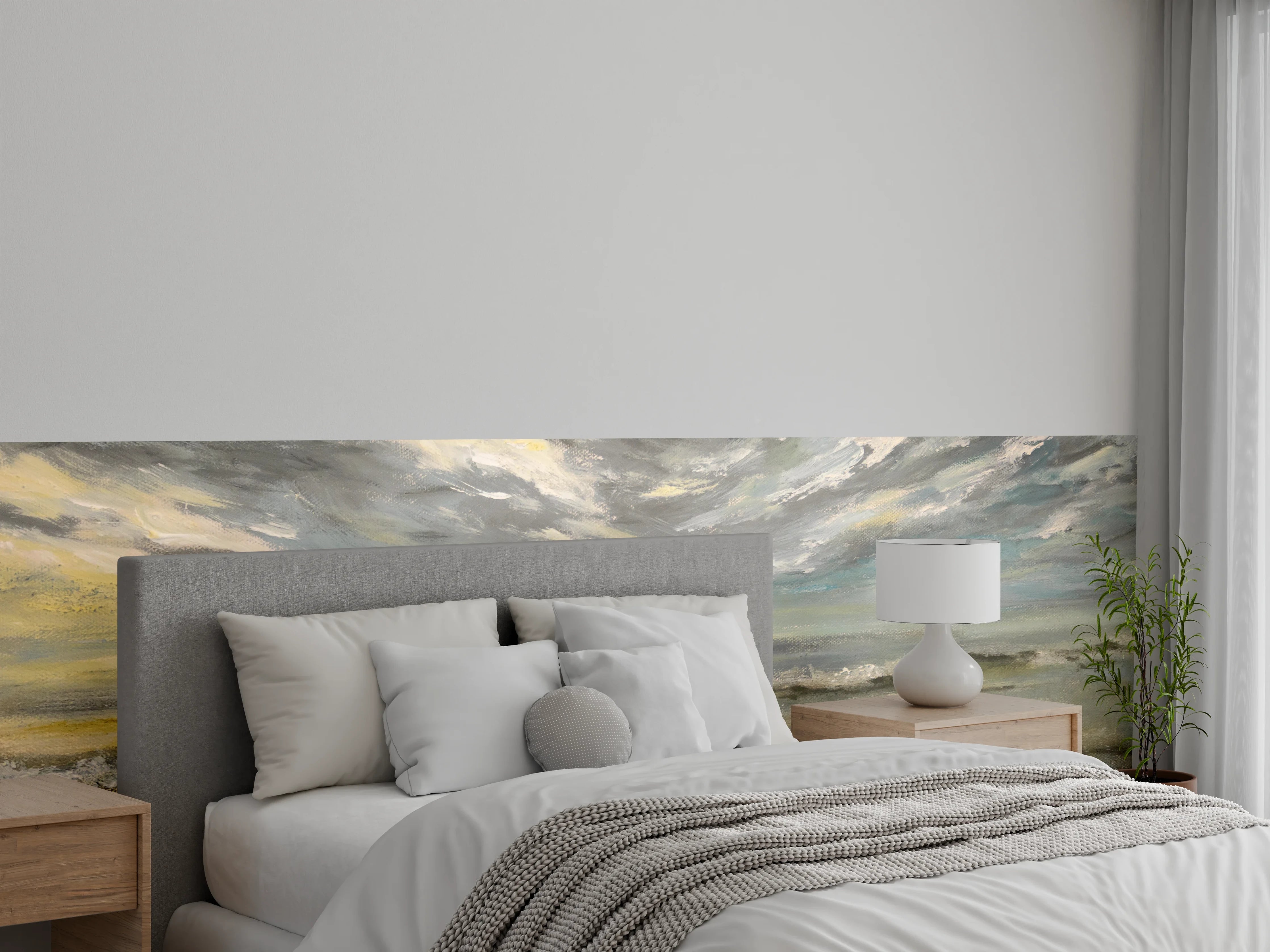 Wandverkleidung Schlafzimmer - Stimmungsvolles Meer Aquarell mit grauem Himmel