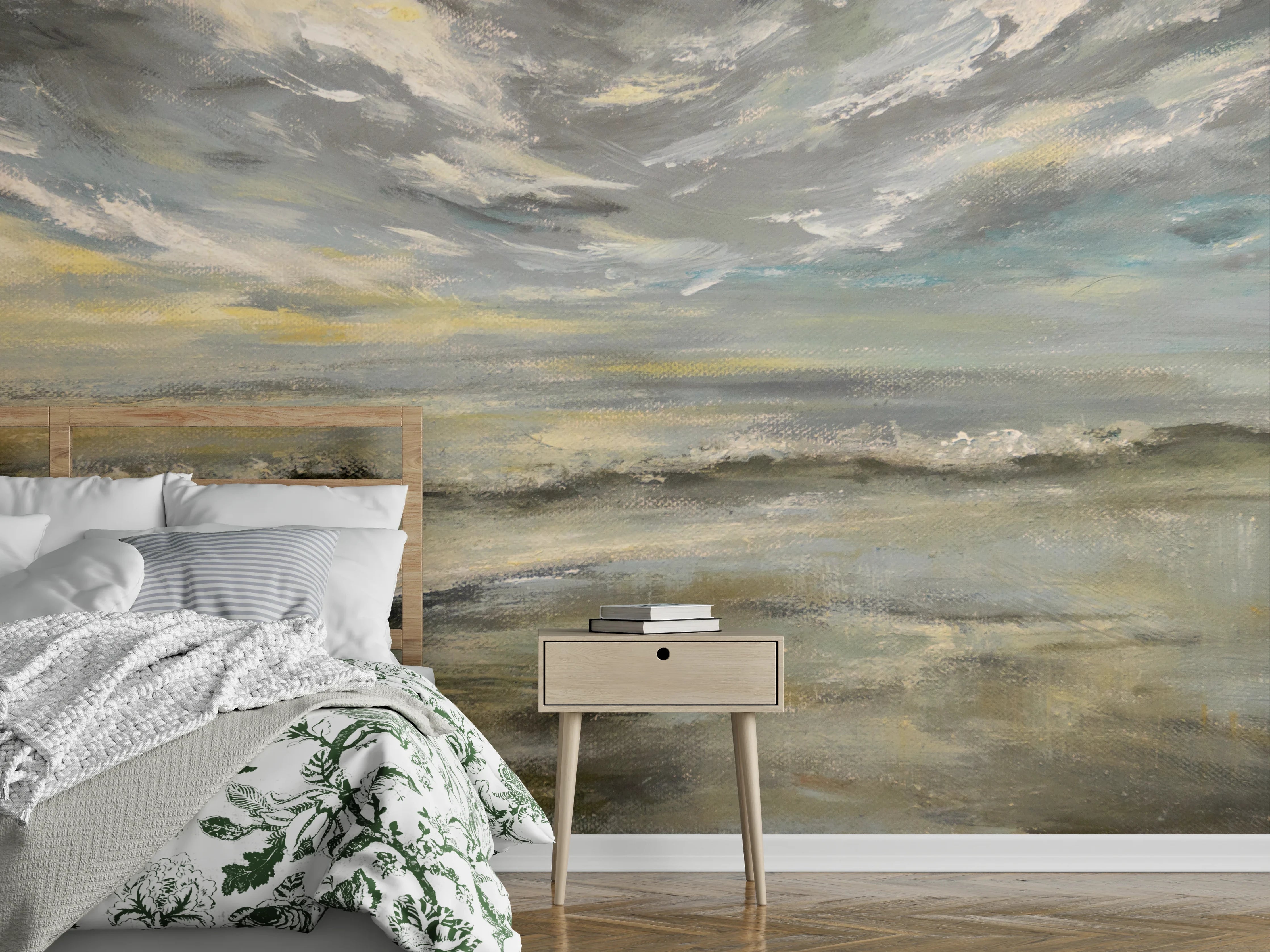 Wandverkleidung Schlafzimmer - Stimmungsvolles Meer Aquarell mit grauem Himmel