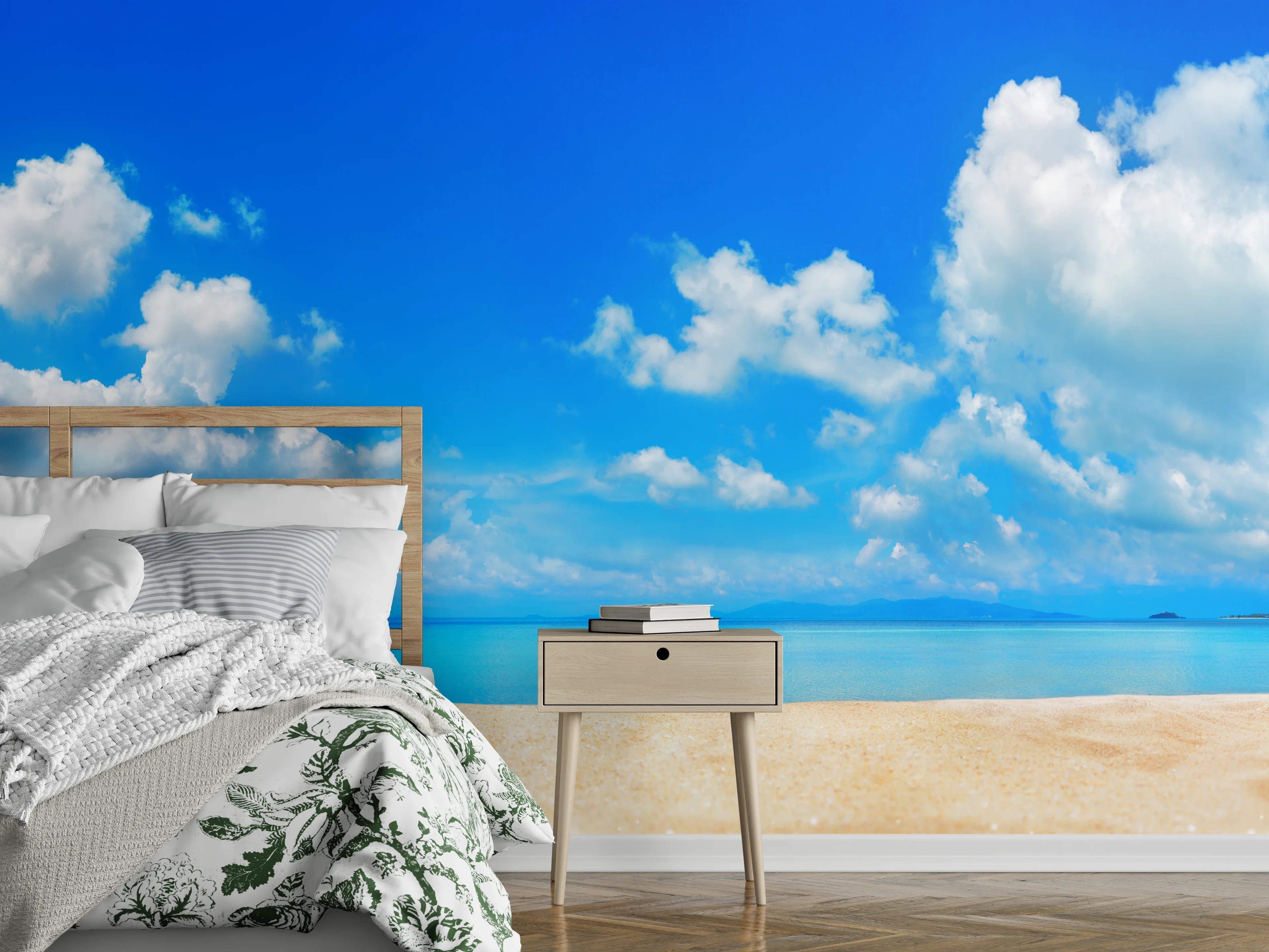 Wandverkleidung Schlafzimmer - Strand und Meer Panorama – Blau & Weiß