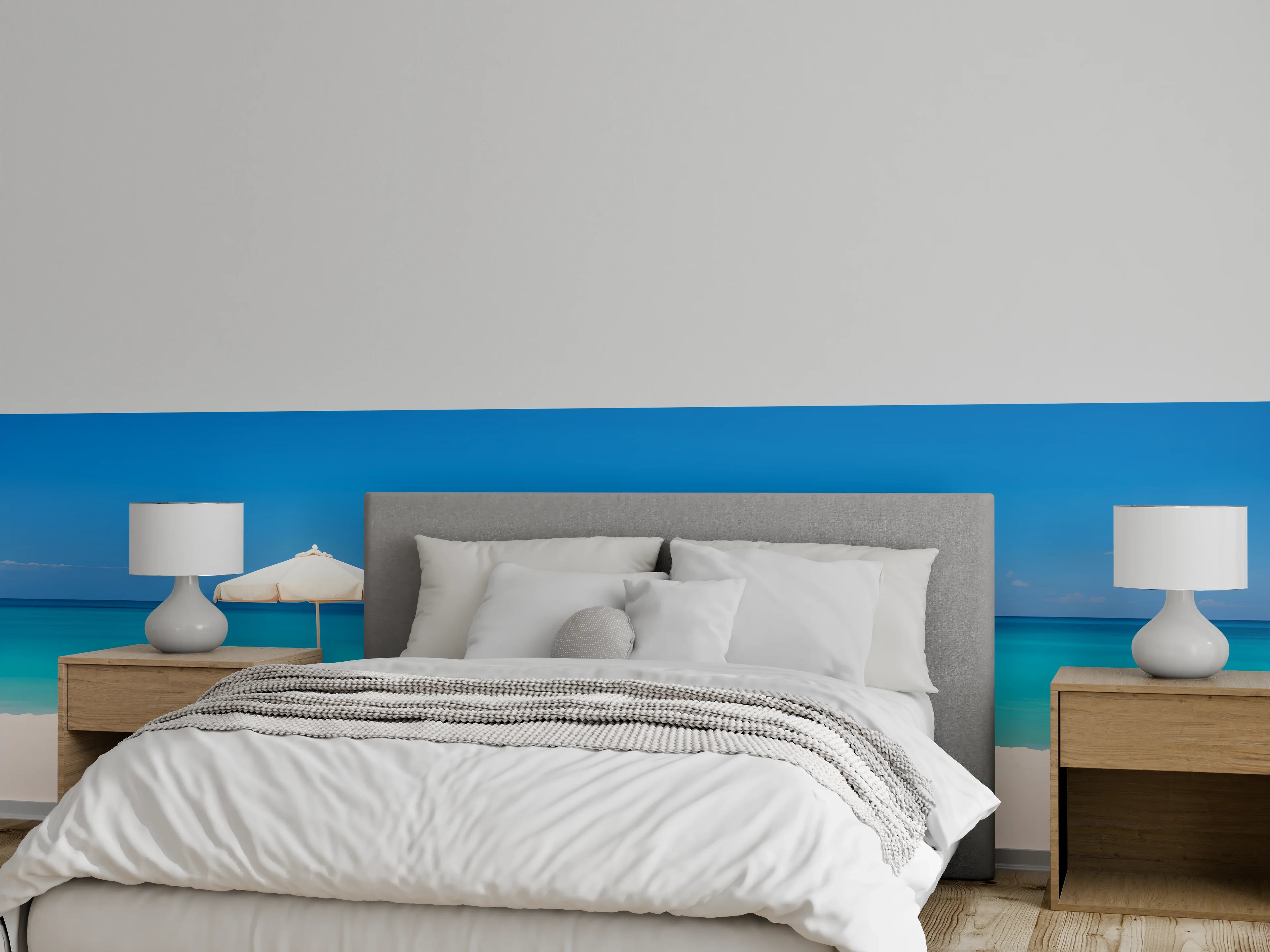 Wandverkleidung Schlafzimmer - Strand und Meer mit Sonnenschirmen