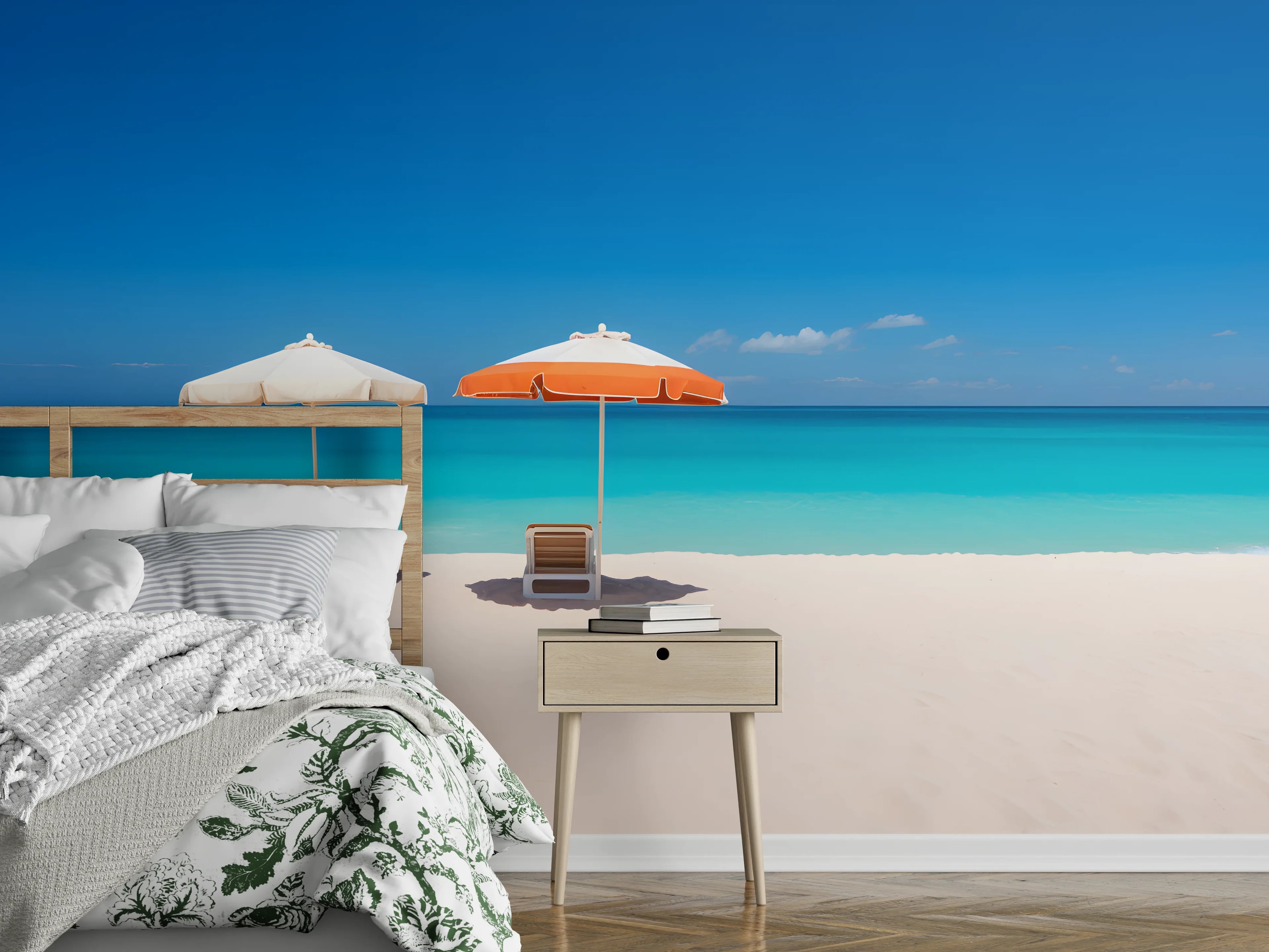 Wandverkleidung Schlafzimmer - Strand und Meer mit Sonnenschirmen
