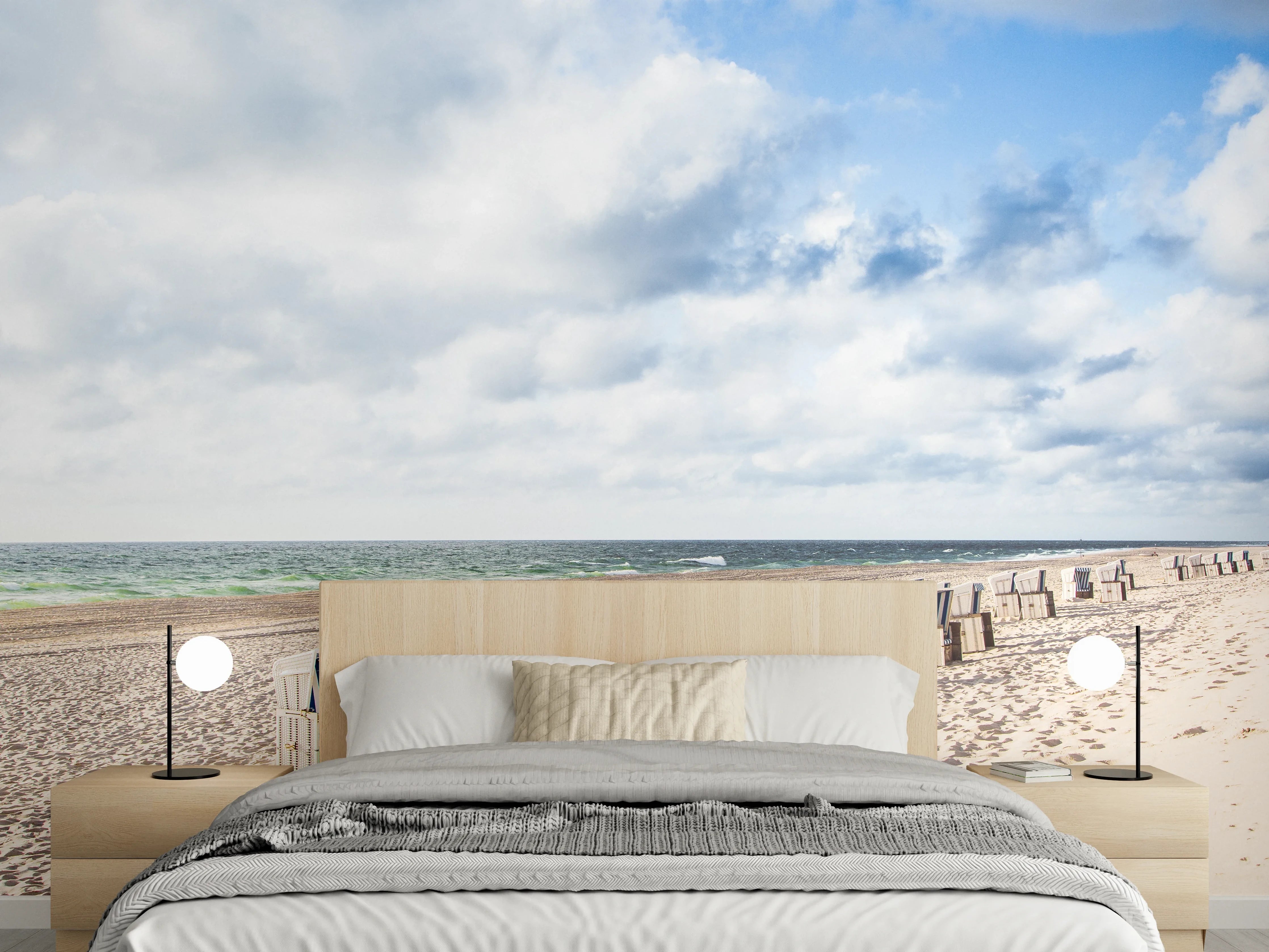 Wandverkleidung Schlafzimmer - Strandkörbe am ruhigen Sandstrand