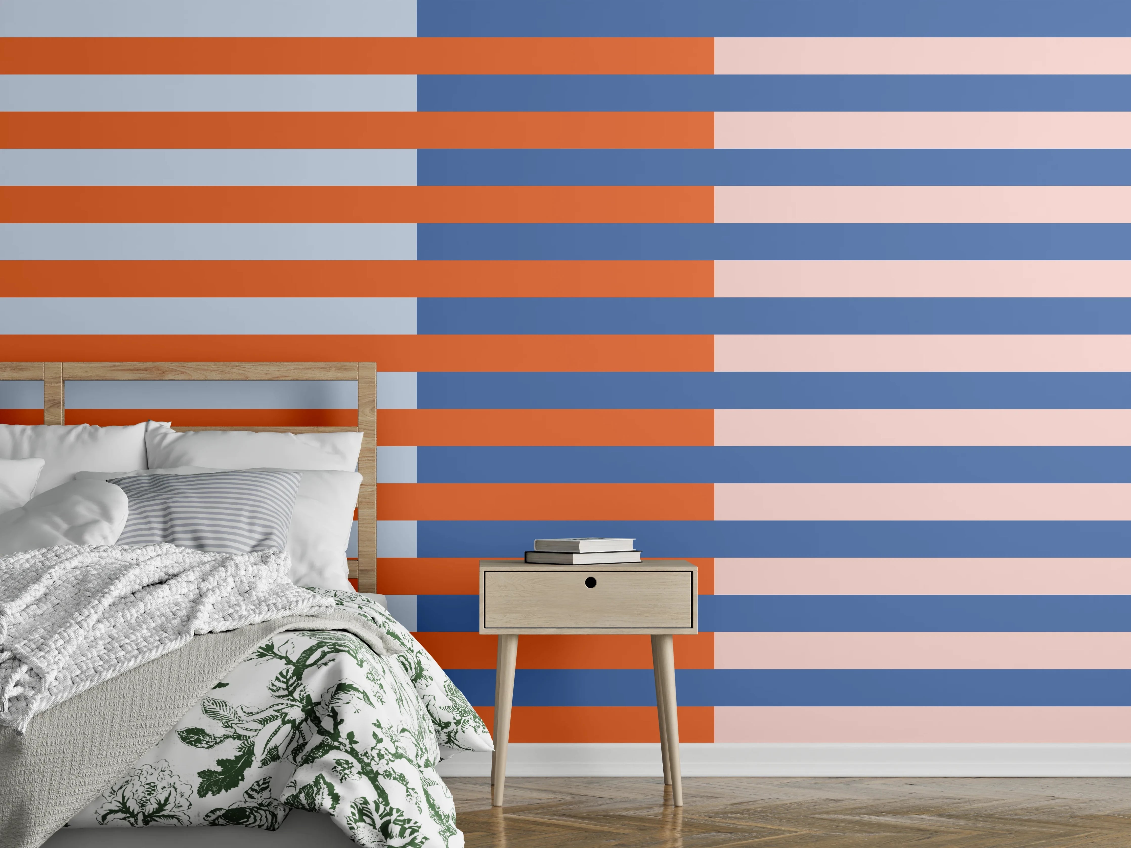 Wandverkleidung Schlafzimmer - Streifen Grafik in Blau und Orange