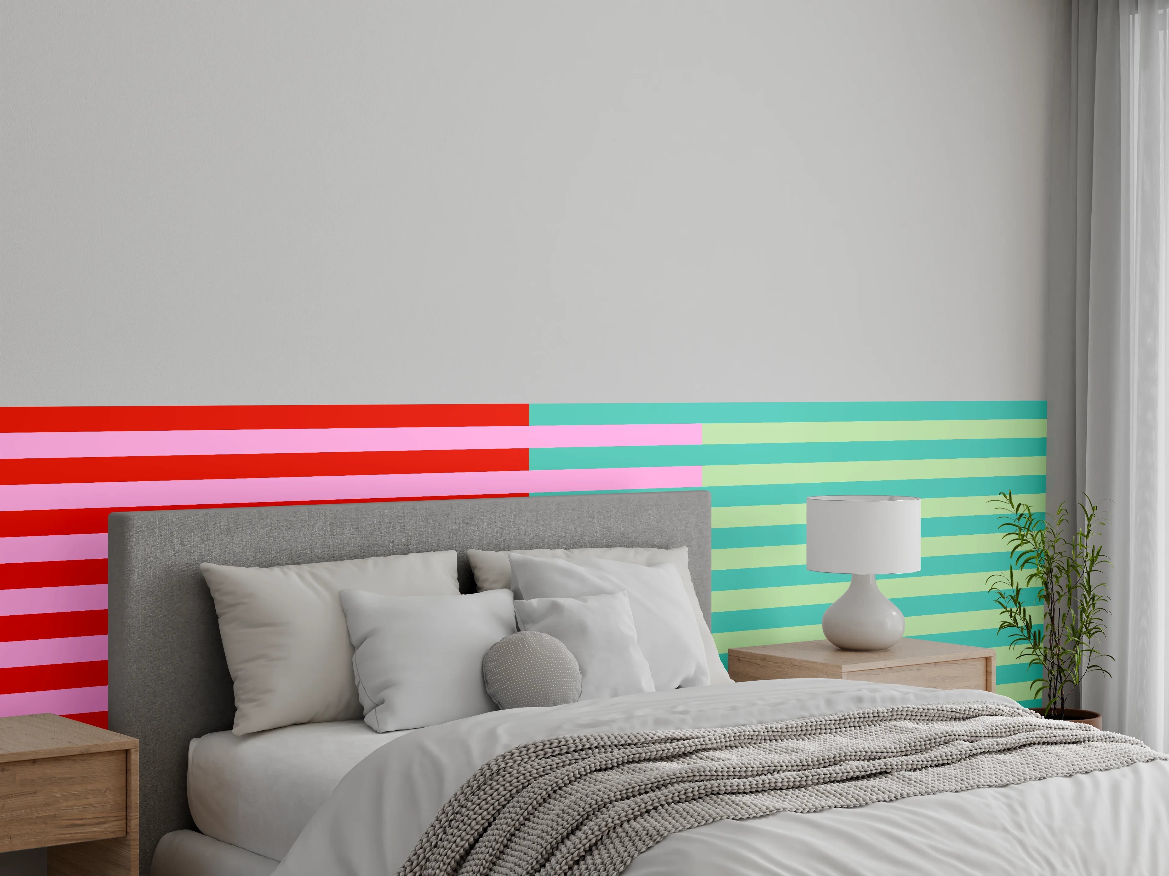 Wandverkleidung Schlafzimmer - Streifenmuster Modern Türkis Rot Rosa
