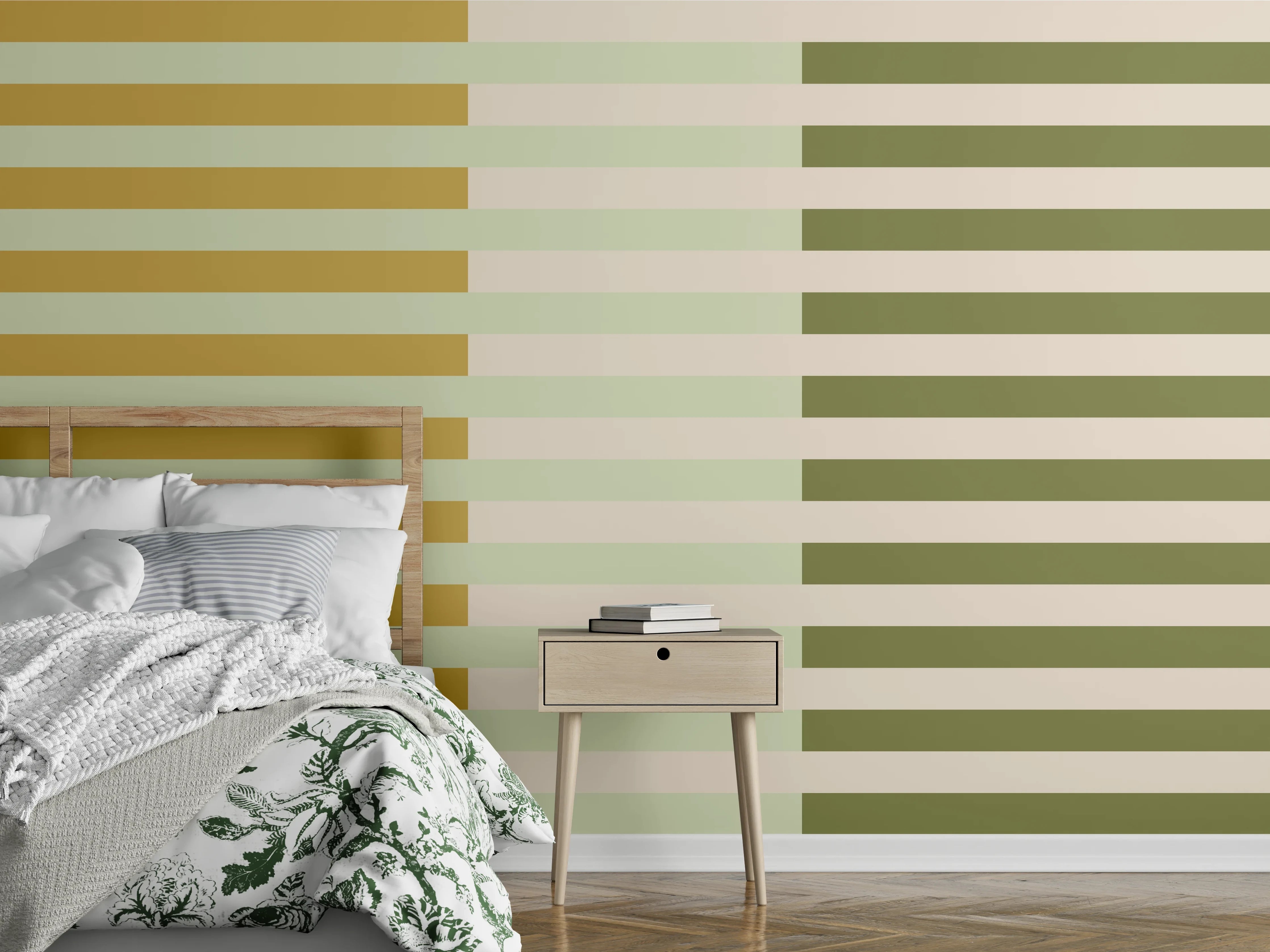 Wandverkleidung Schlafzimmer - Streifenmuster Retro Olive Beige