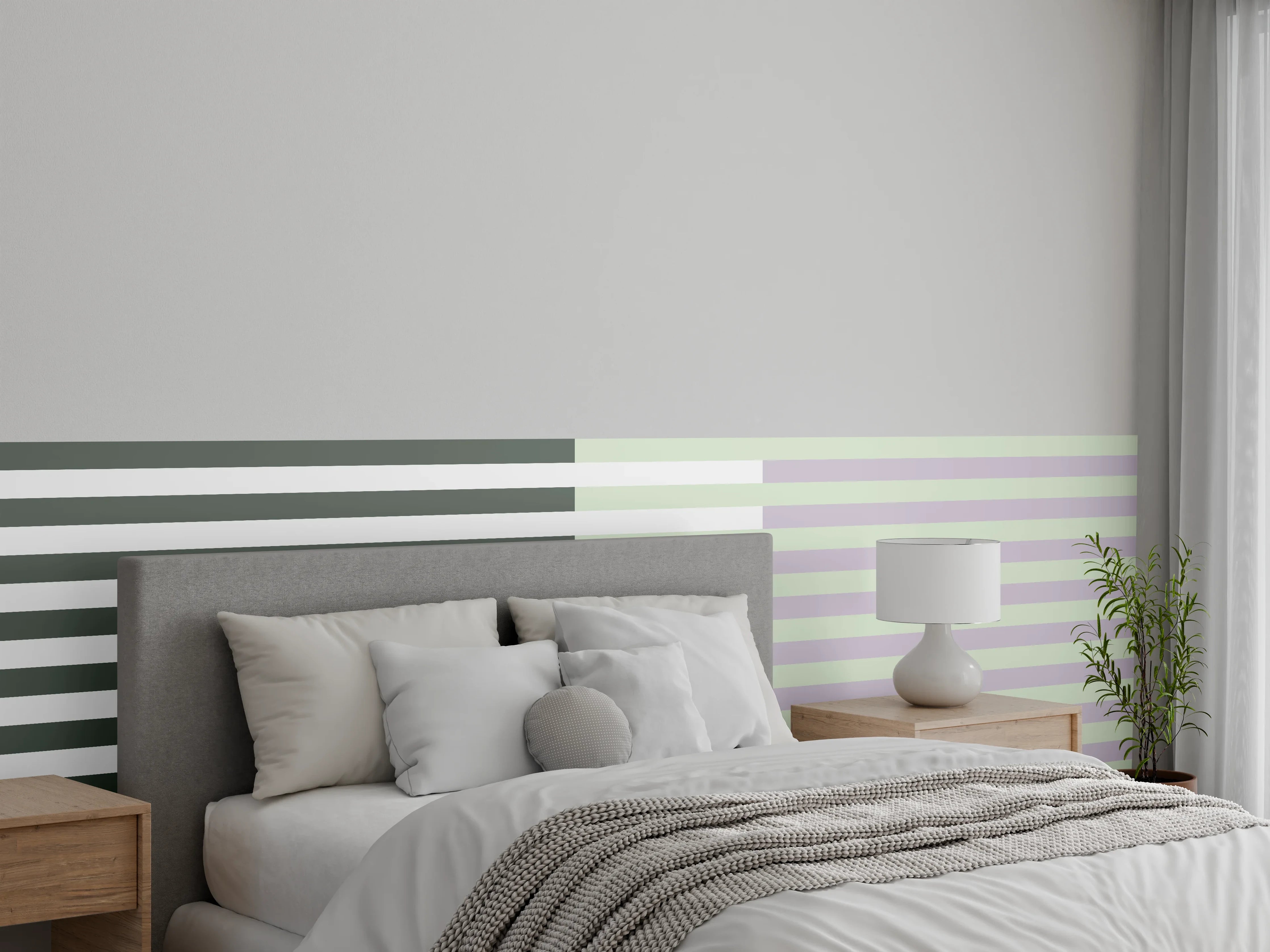 Wandverkleidung Schlafzimmer - Streifenmuster in Weiß, Grau und Pastell