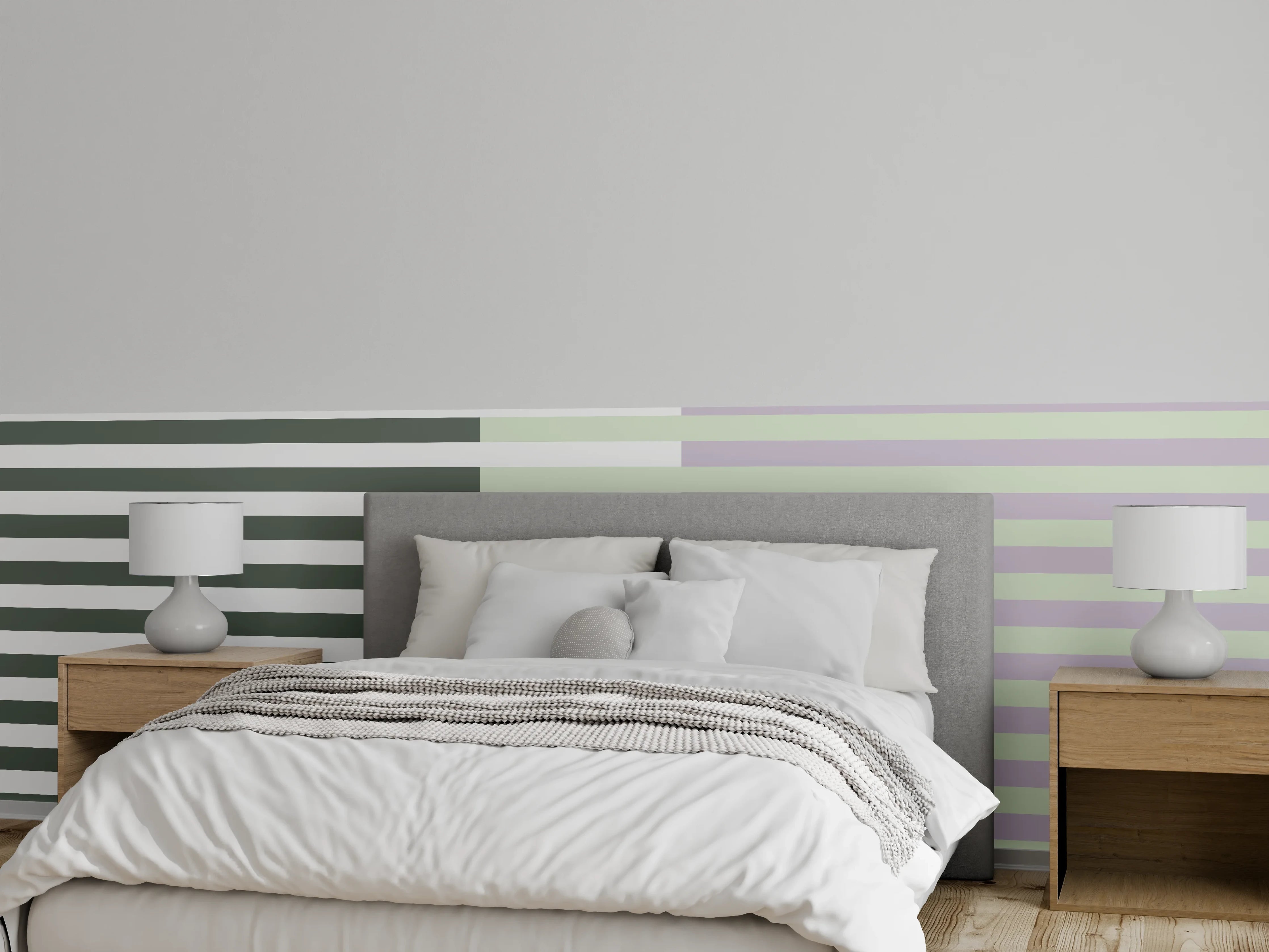 Wandverkleidung Schlafzimmer - Streifenmuster in Weiß, Grau und Pastell