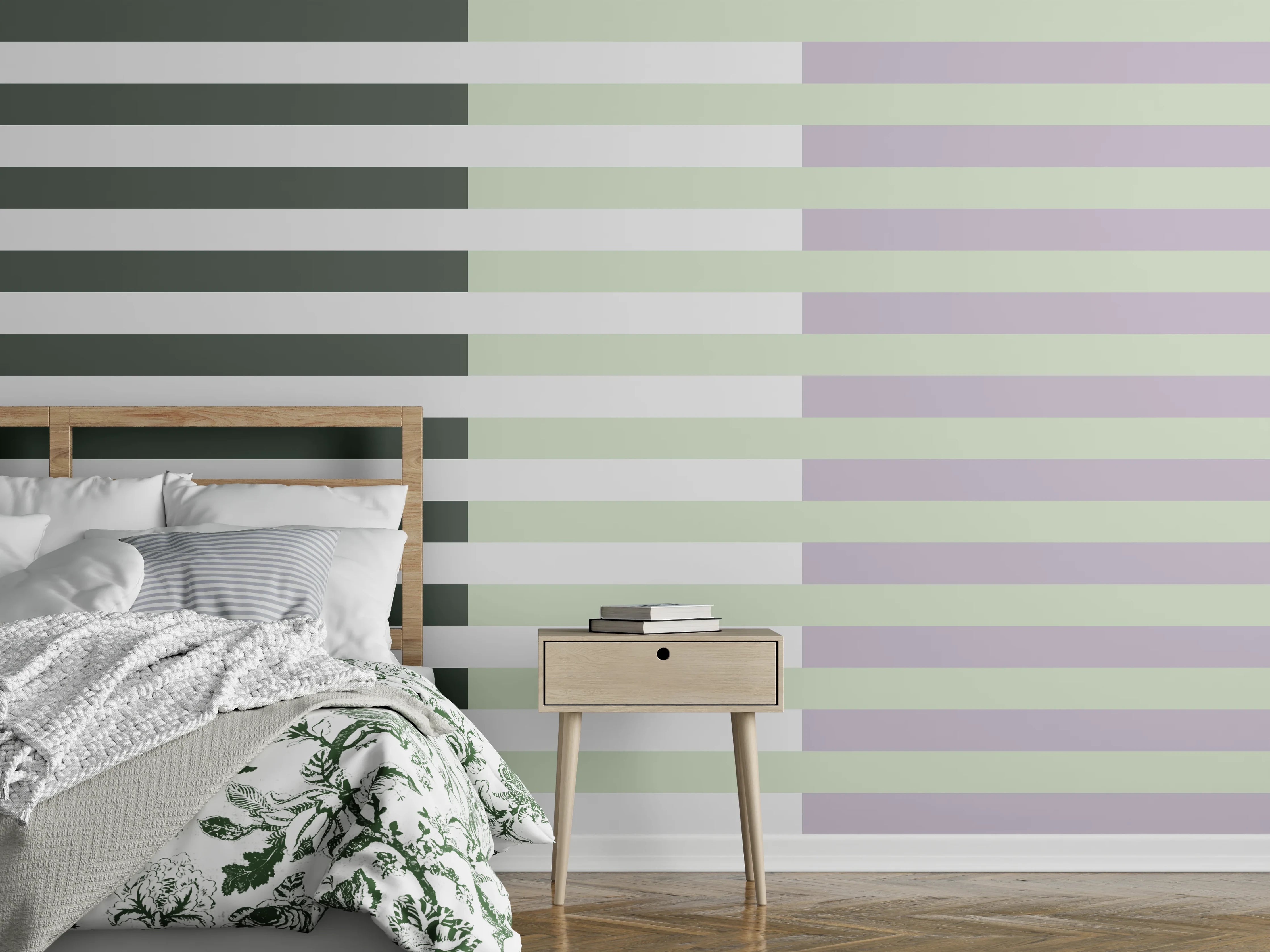 Wandverkleidung Schlafzimmer - Streifenmuster in Weiß, Grau und Pastell