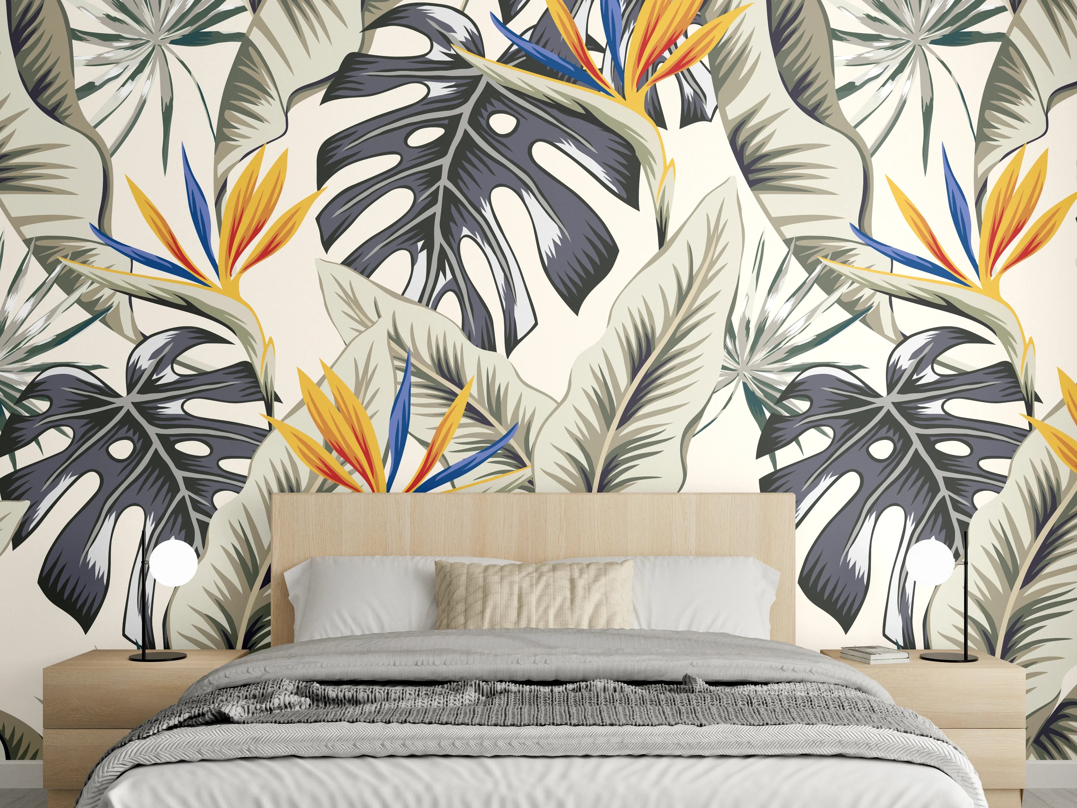 Wandverkleidung Schlafzimmer - Strelitzia Tropenblätter Beige-Orange