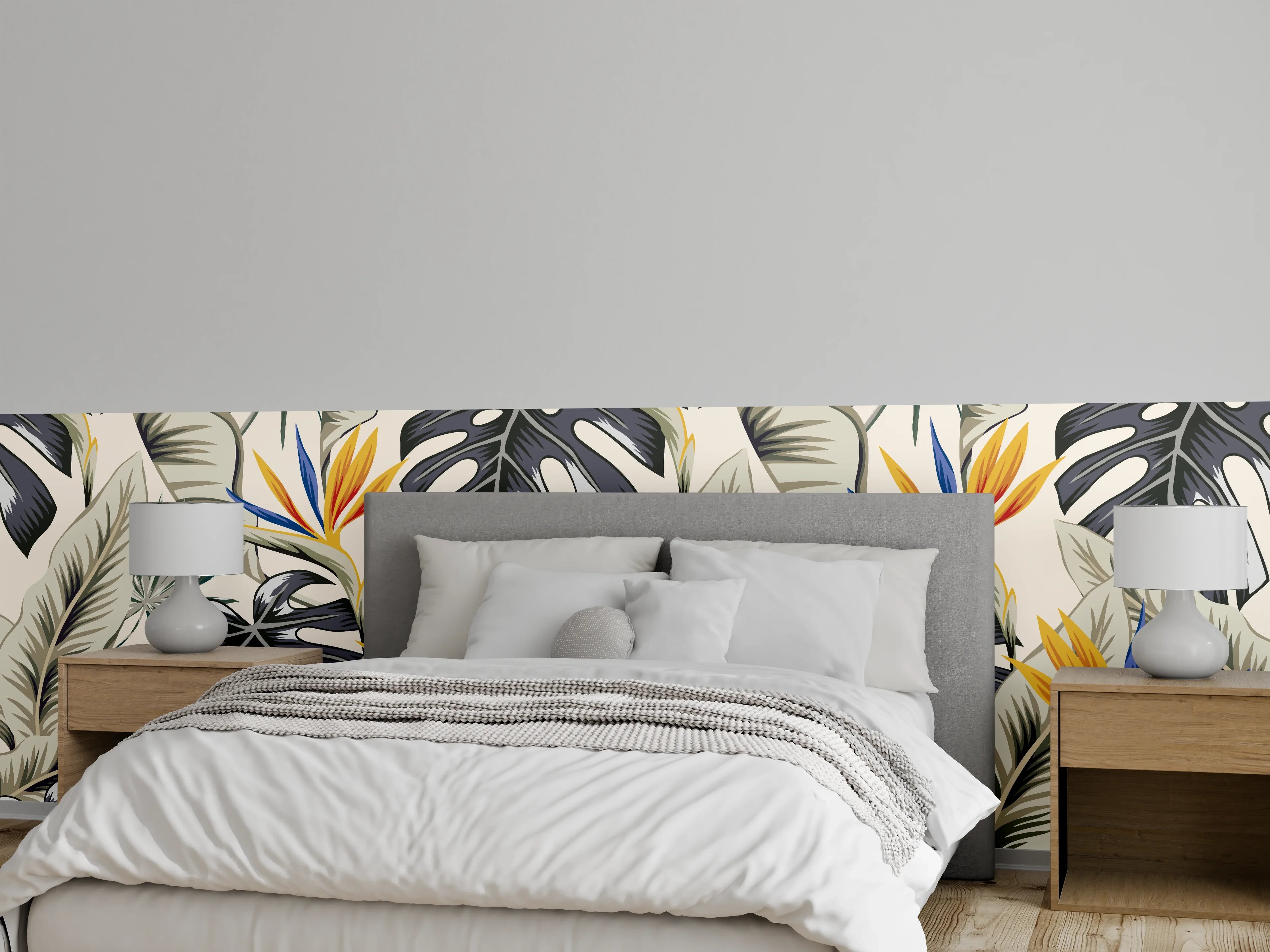 Wandverkleidung Schlafzimmer - Strelitzia Tropenblätter Beige-Orange