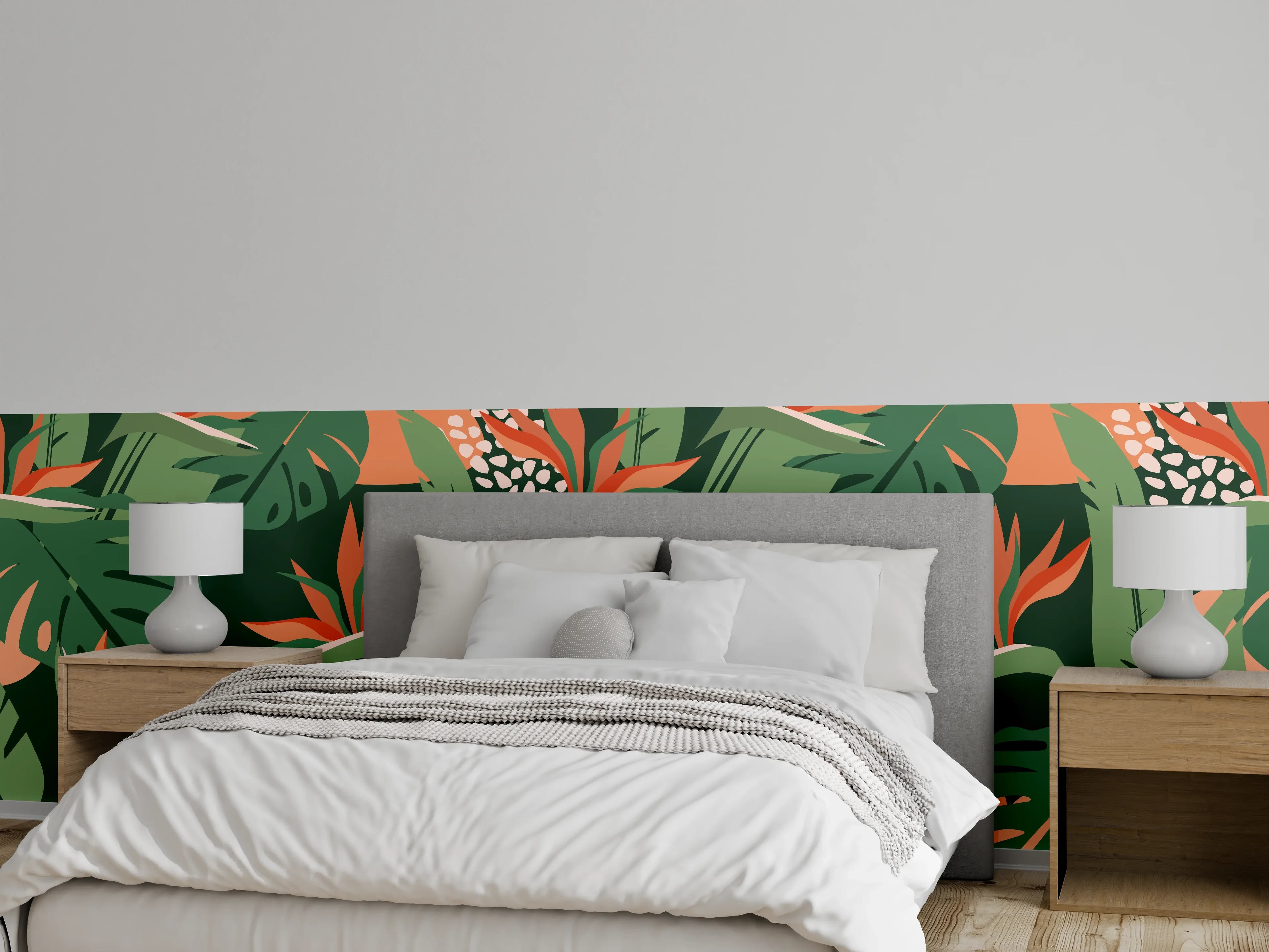Wandverkleidung Schlafzimmer - Strelitzia Tropenblatt Grün-Orange