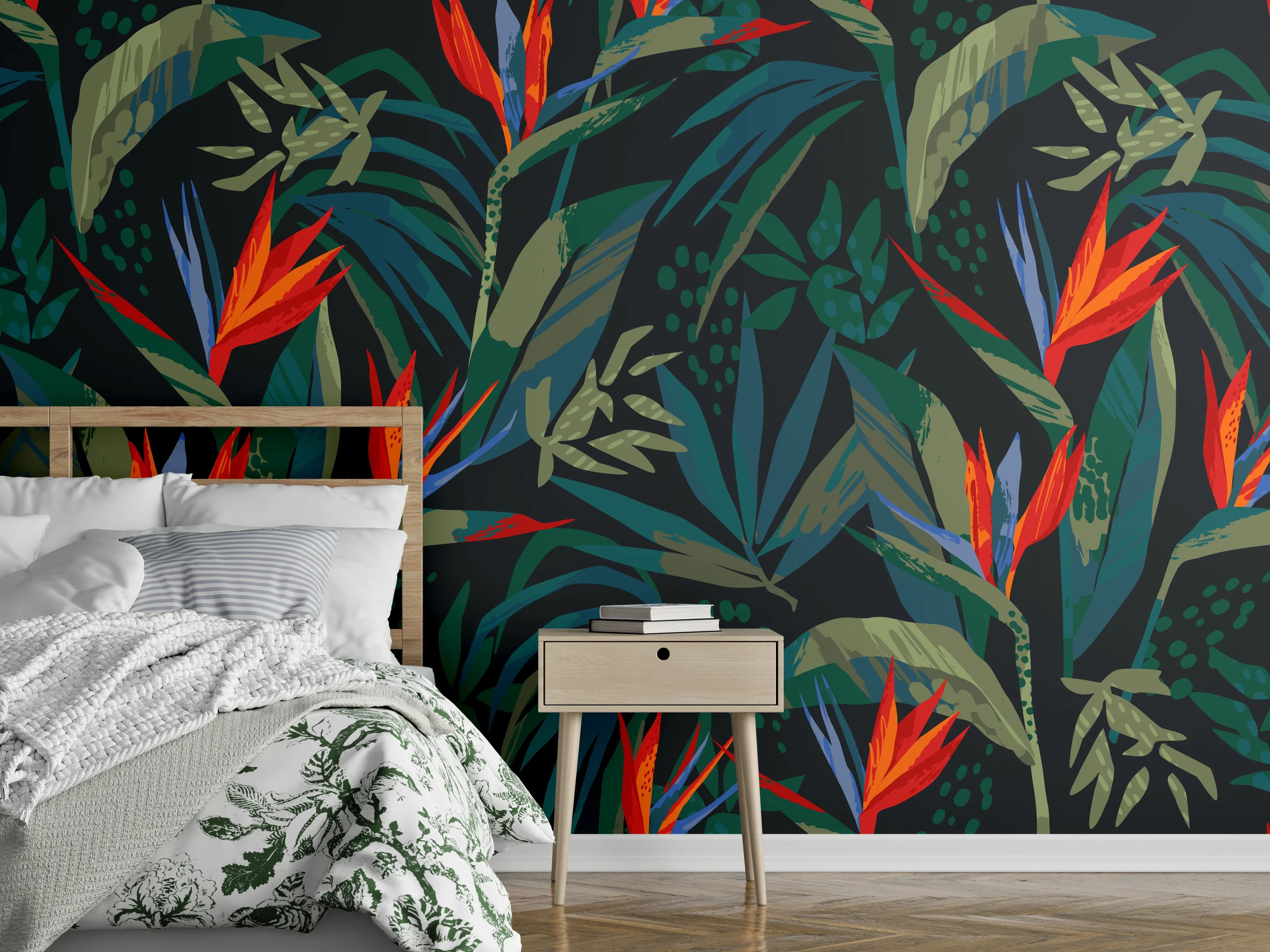 Wandverkleidung Schlafzimmer - Strelitzia Tropenwald-Motiv
