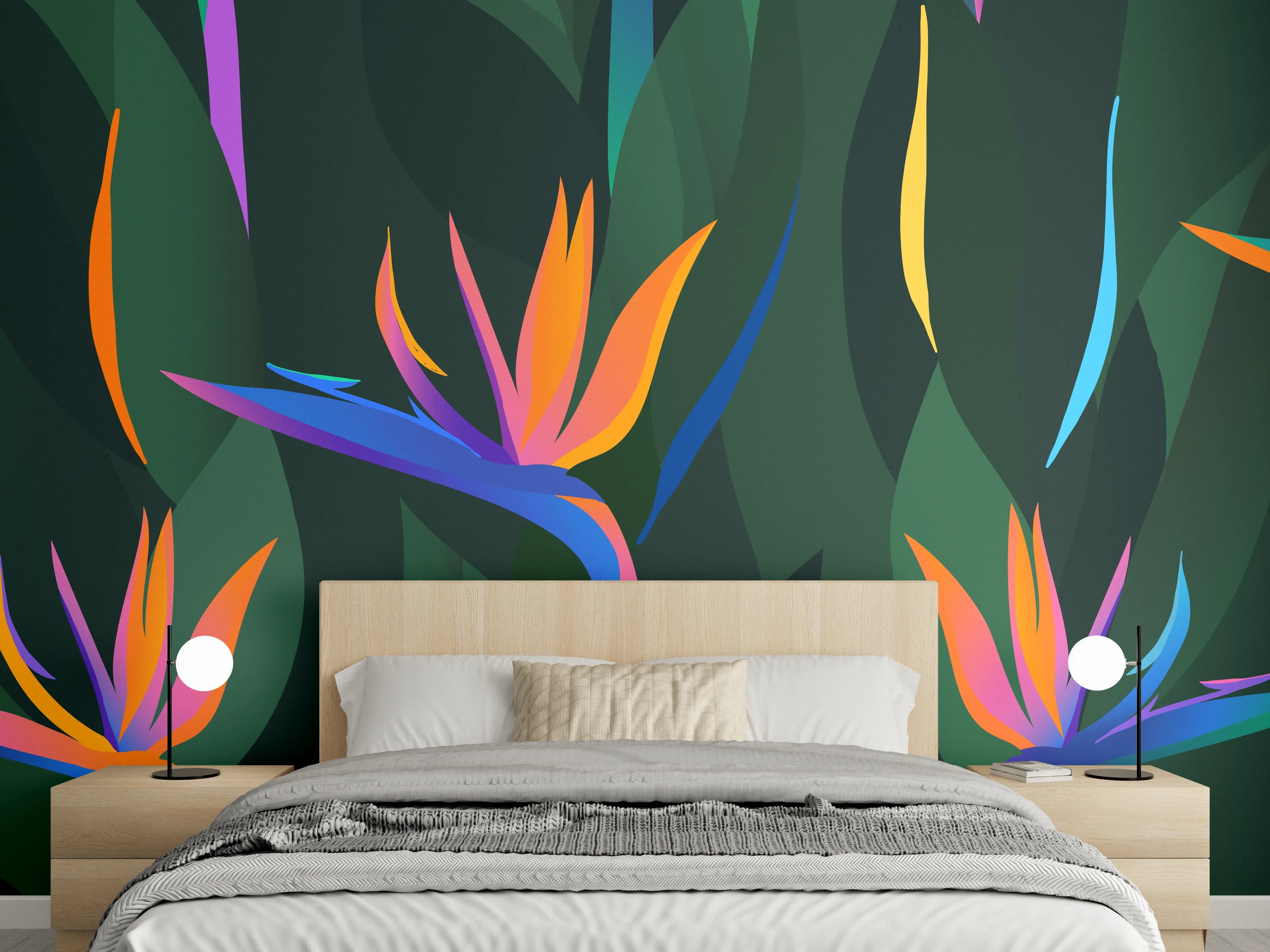 Wandverkleidung Schlafzimmer - Strelitzia Tropic Grün-Orange