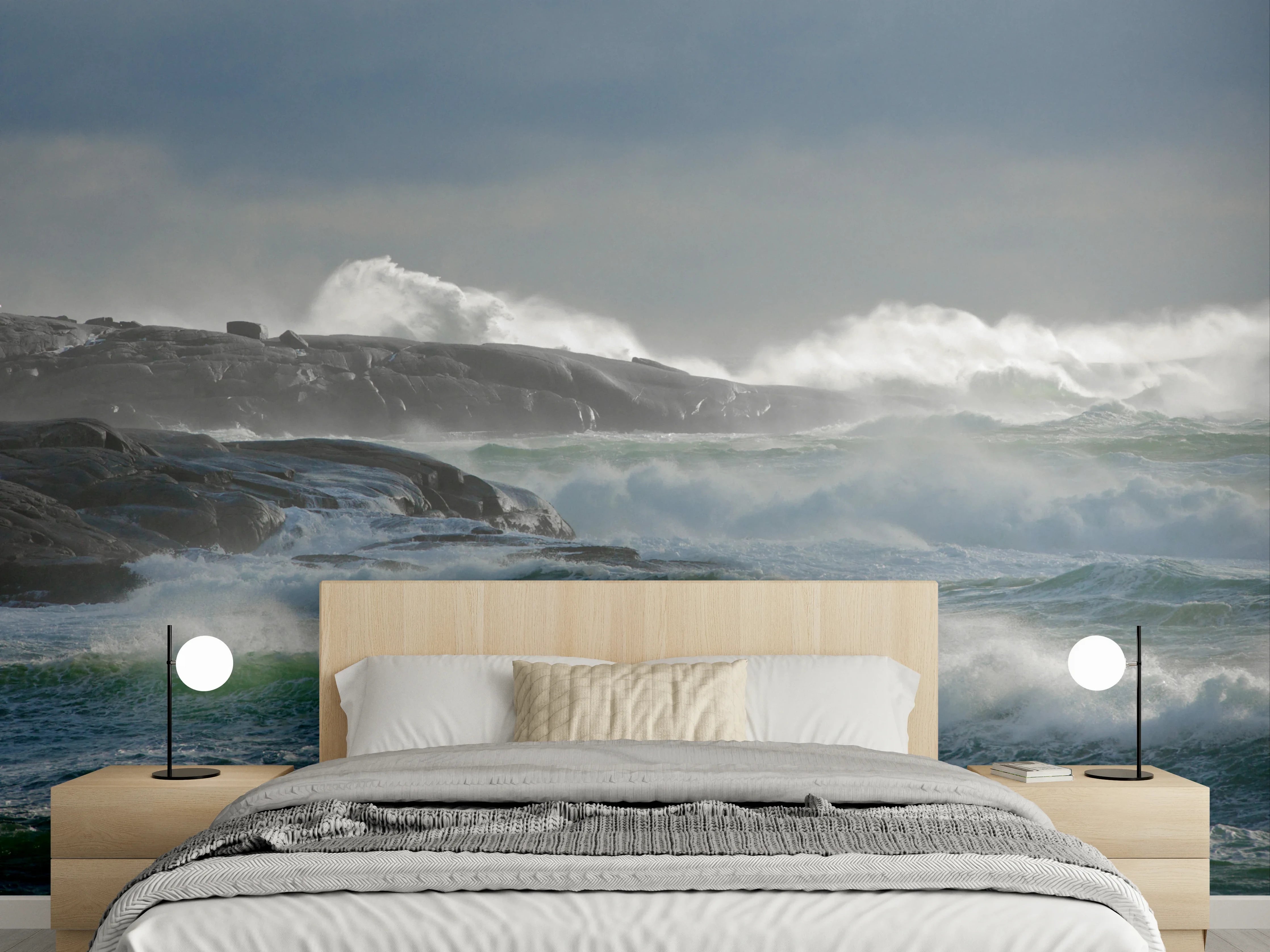 Wandverkleidung Schlafzimmer - Stürmische Meeresküste mit Leuchtturm