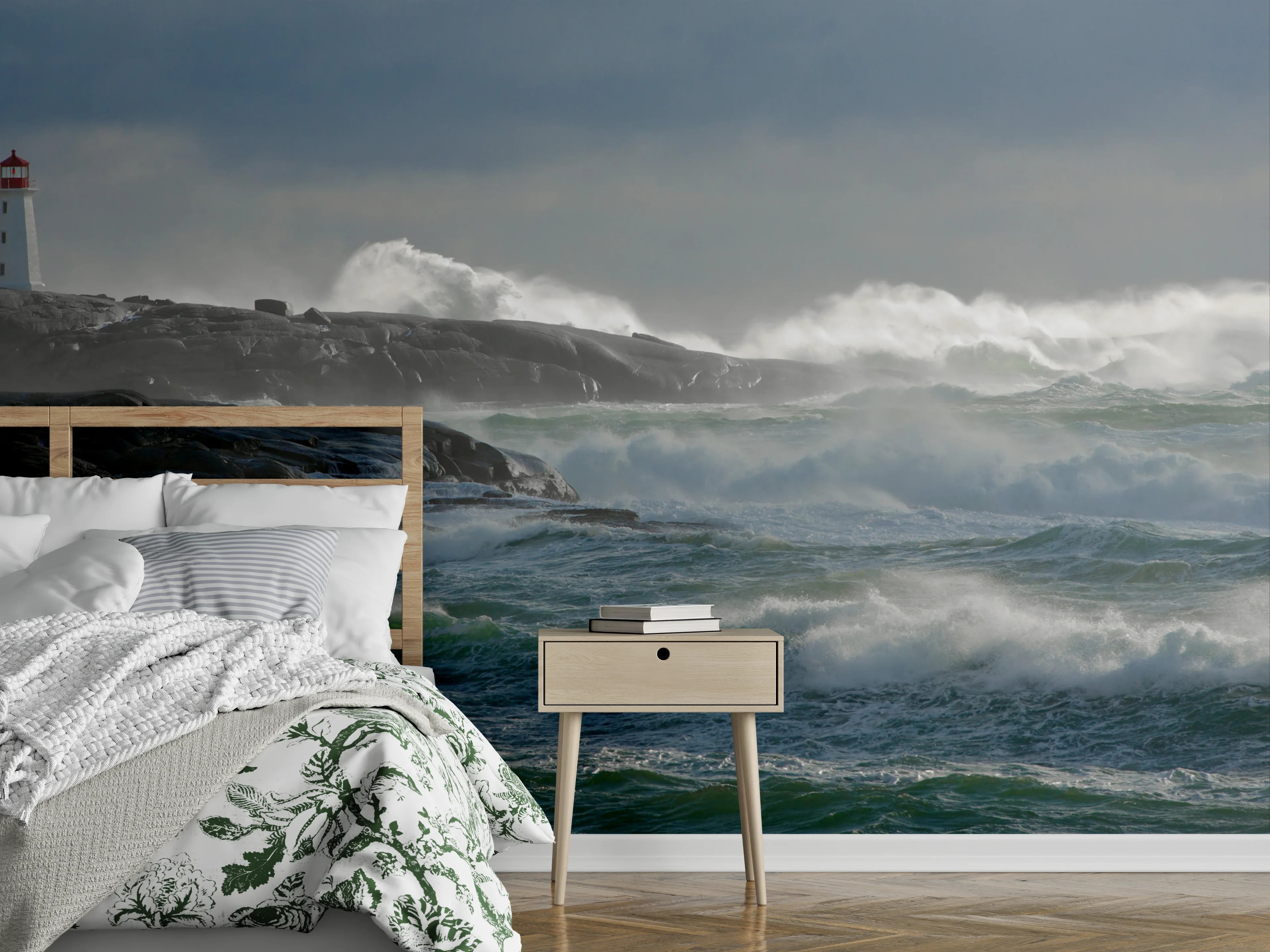 Wandverkleidung Schlafzimmer - Stürmische Meeresküste mit Leuchtturm
