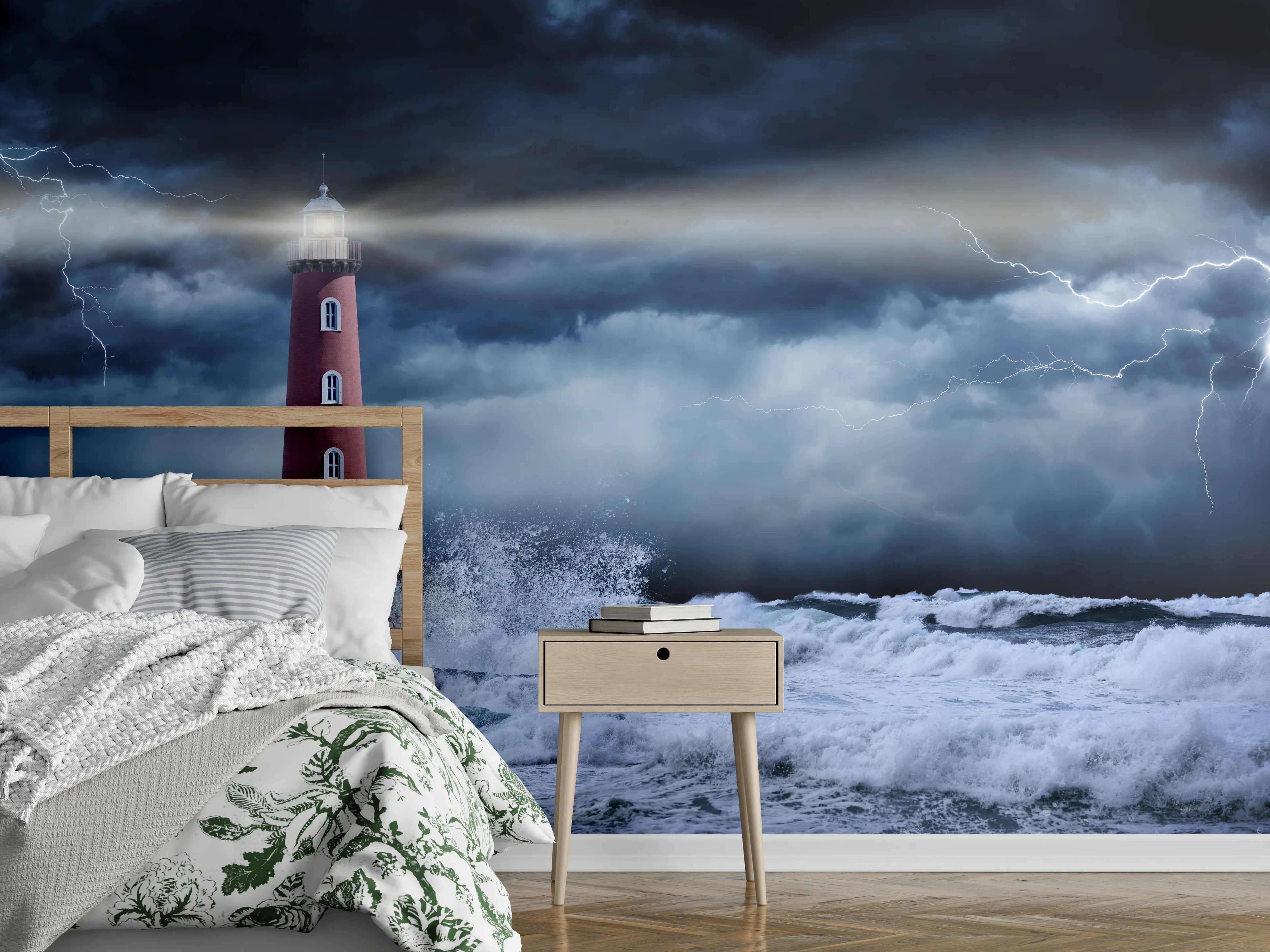 Wandverkleidung Schlafzimmer - Sturm am Leuchtturm – Naturgewalt Kunst