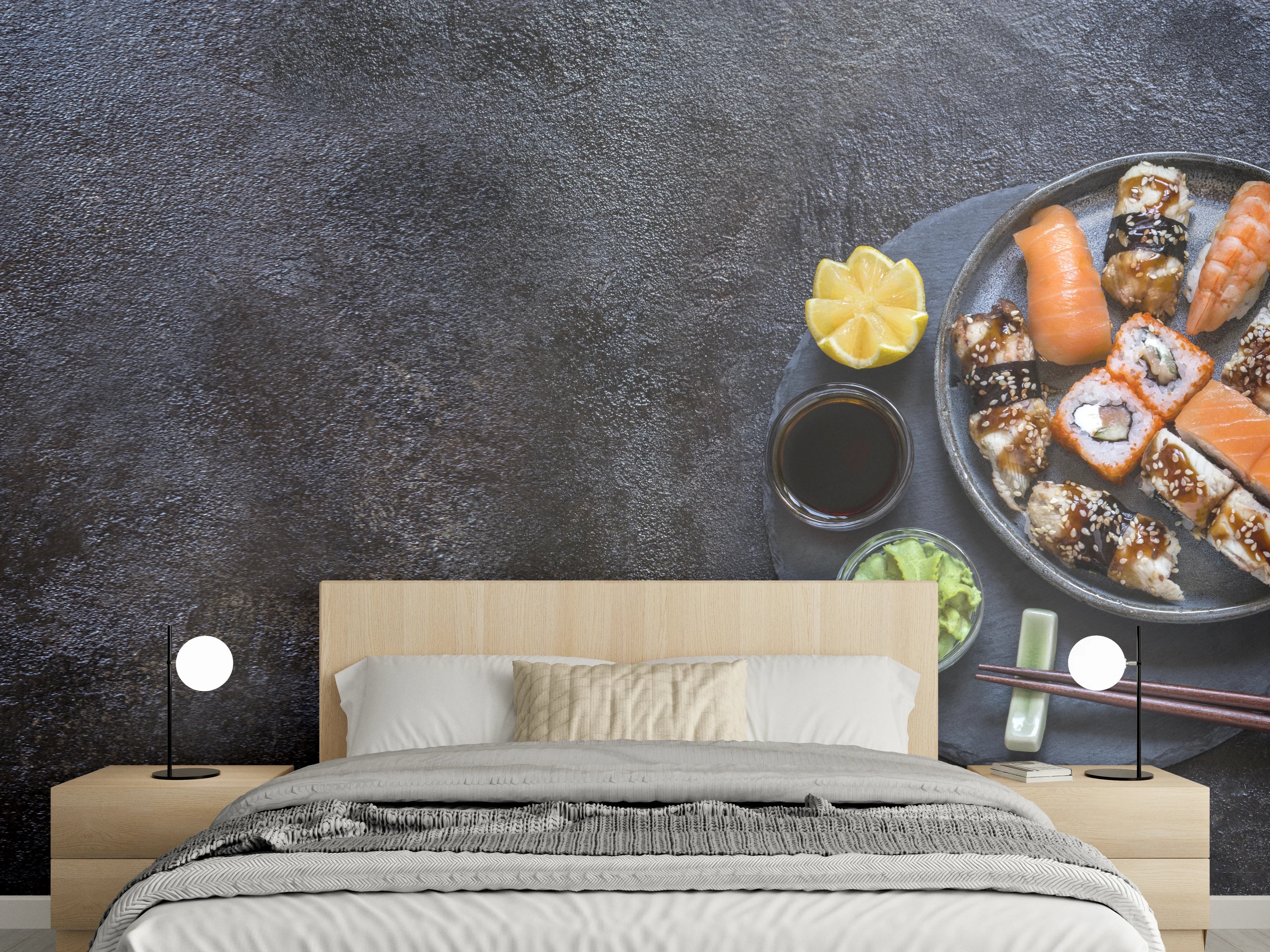 Wandverkleidung Schlafzimmer - Sushi-Platte Schwarz-Orange
