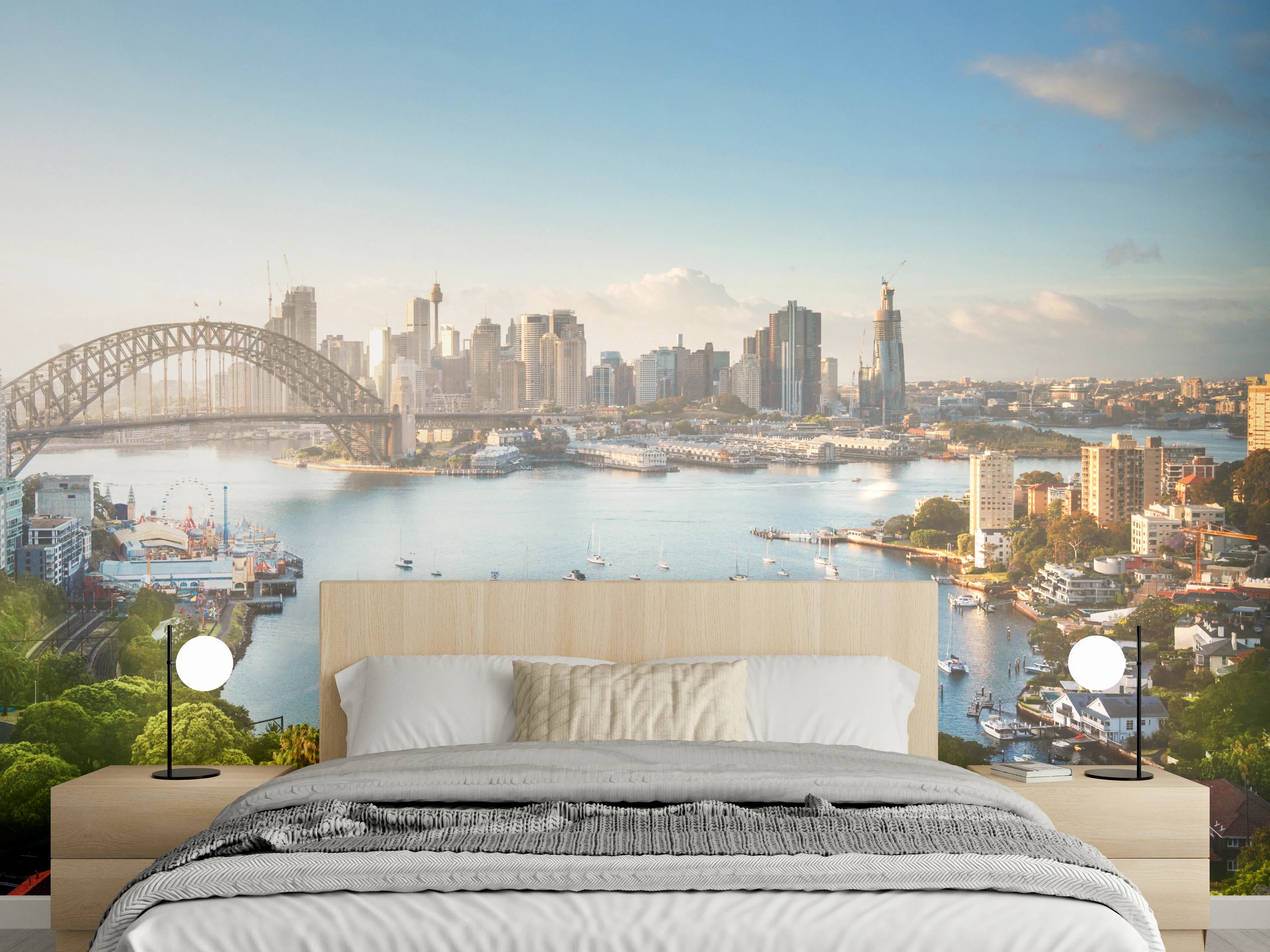 Wandverkleidung Schlafzimmer - Sydney Skyline: Hafenblick mit Brücke