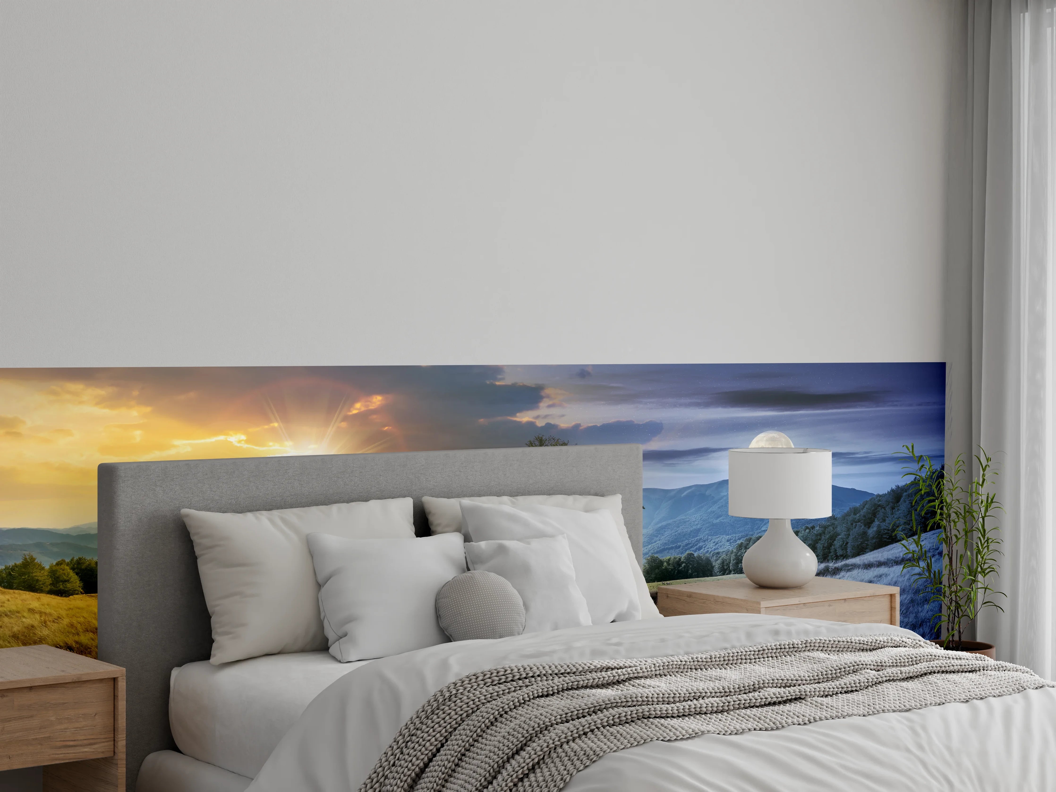 Wandverkleidung Schlafzimmer - Tag-Nacht-Landschaft: Sonnige Wiese trifft Vollmond