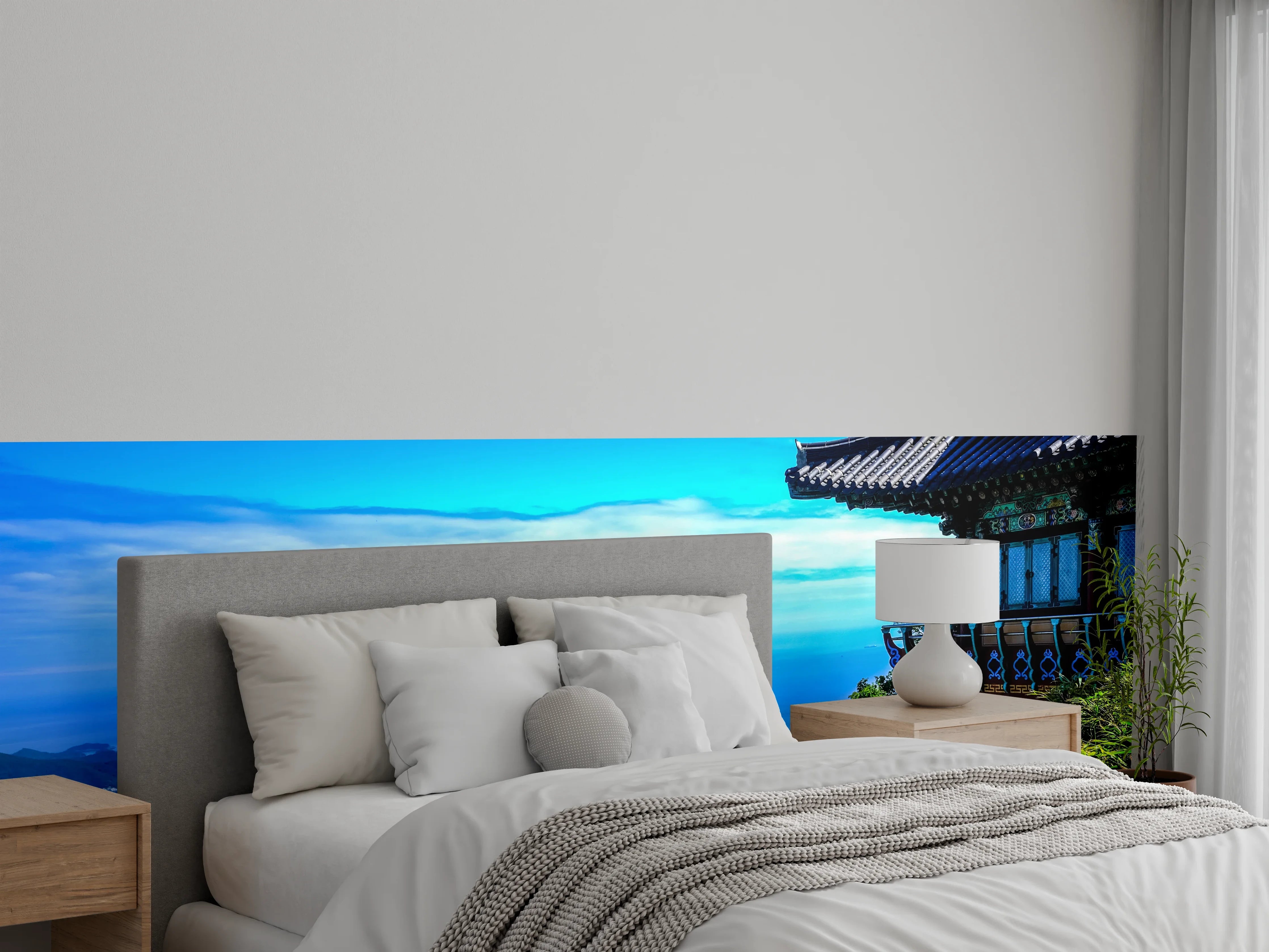 Wandverkleidung Schlafzimmer - Tempelblick über grüne Berge und Meer