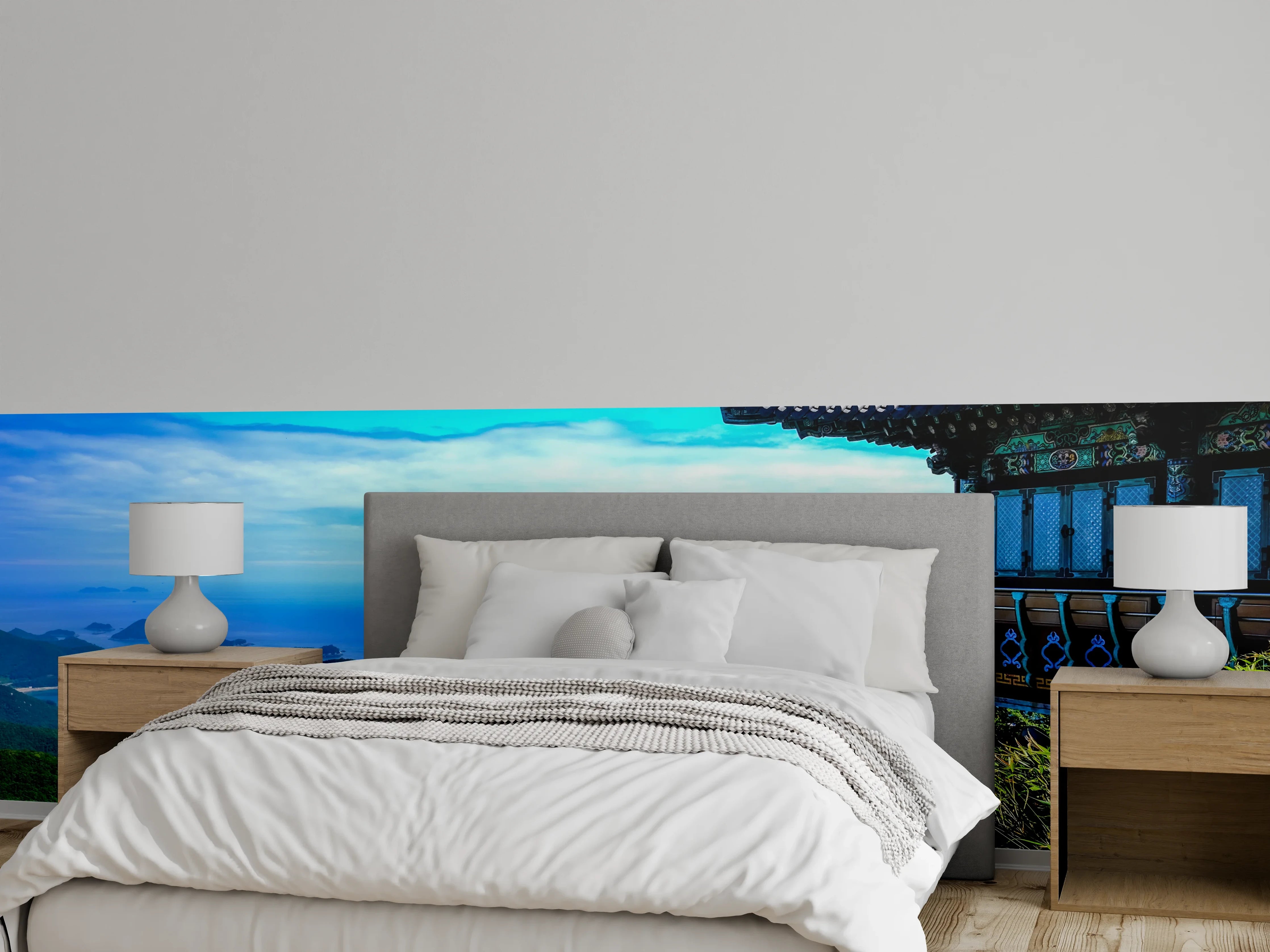 Wandverkleidung Schlafzimmer - Tempelblick über grüne Berge und Meer
