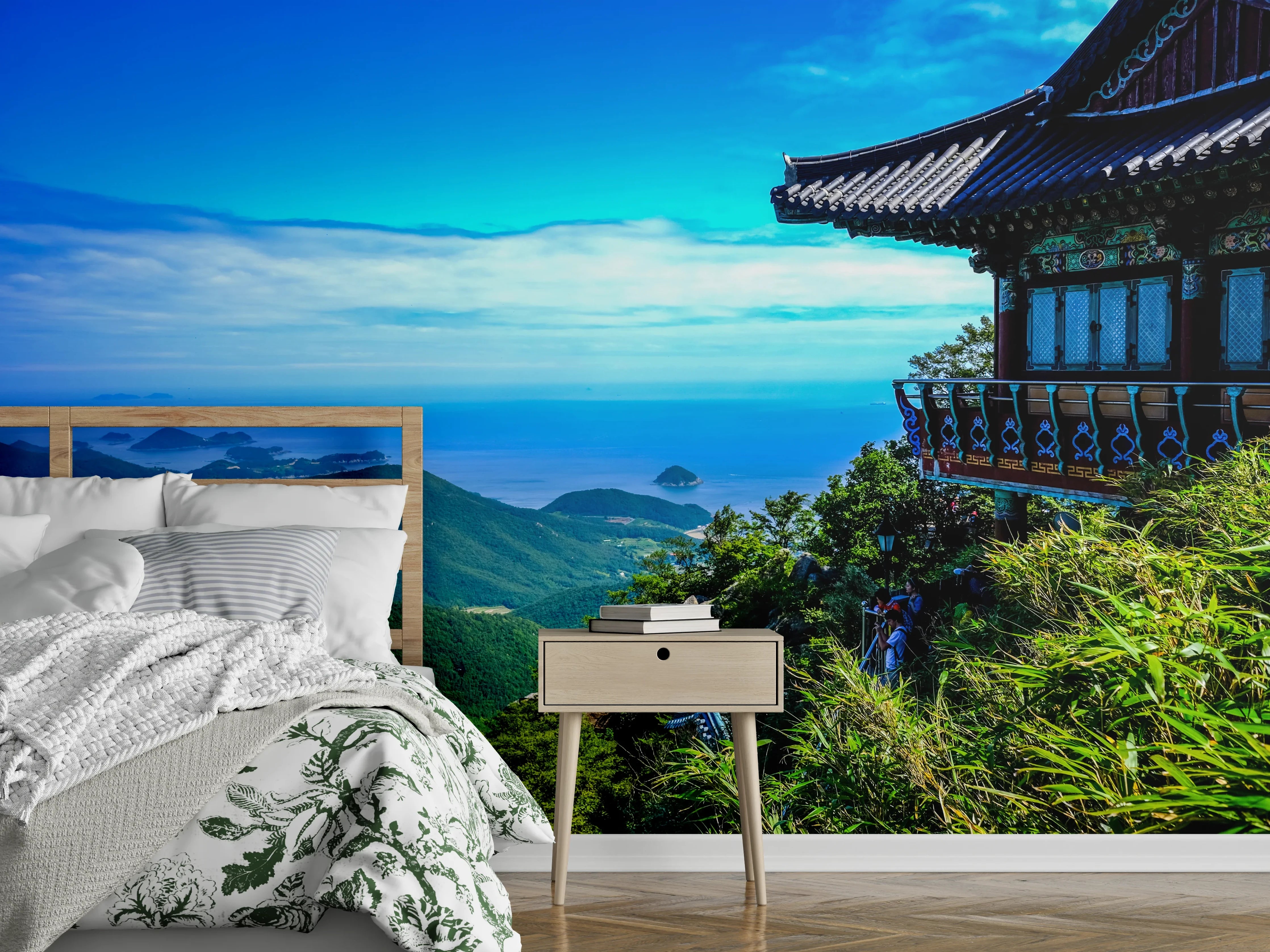 Wandverkleidung Schlafzimmer - Tempelblick über grüne Berge und Meer