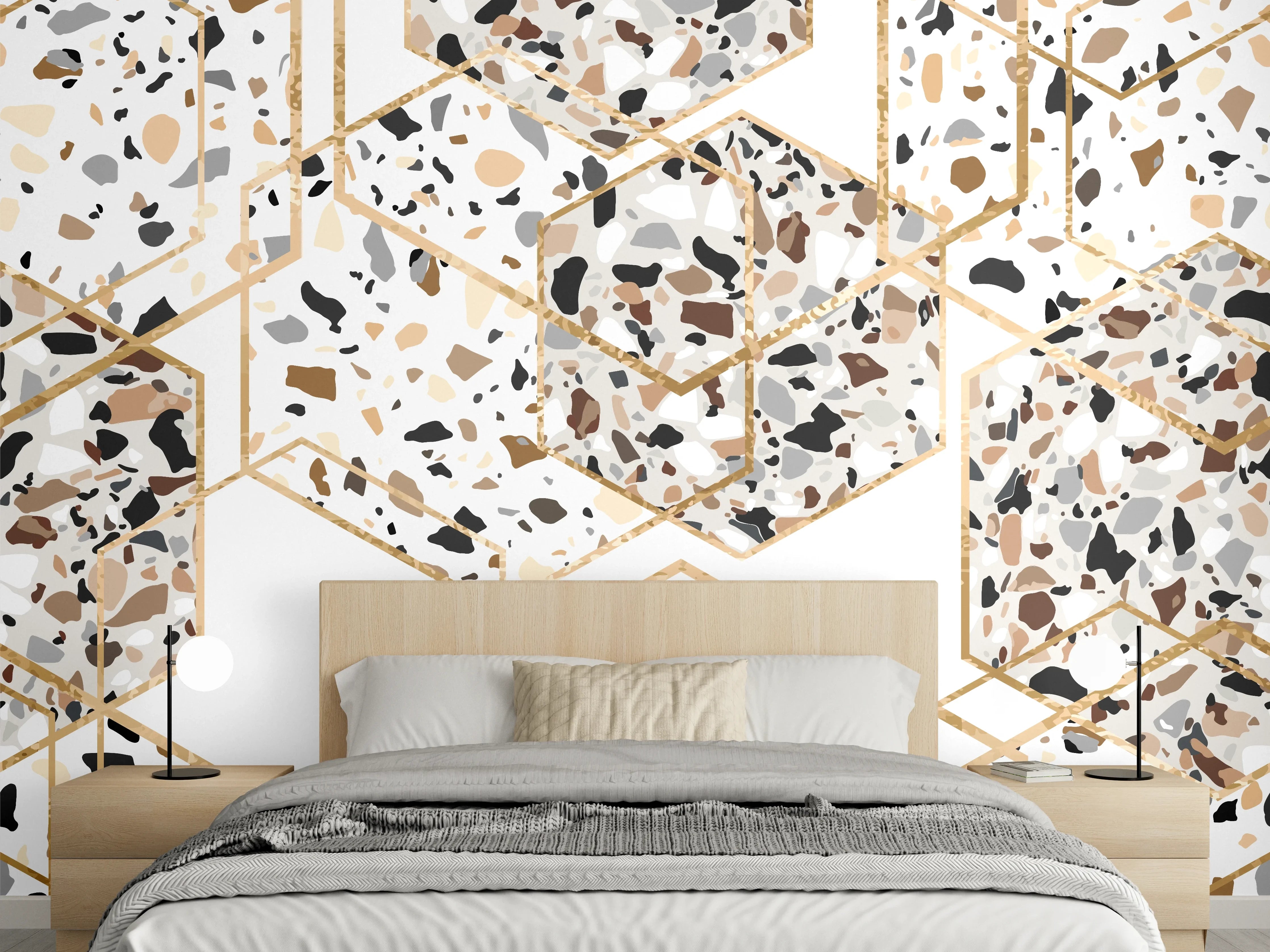 Wandverkleidung Schlafzimmer - Terrazzo-Muster mit goldenen Hexagonen