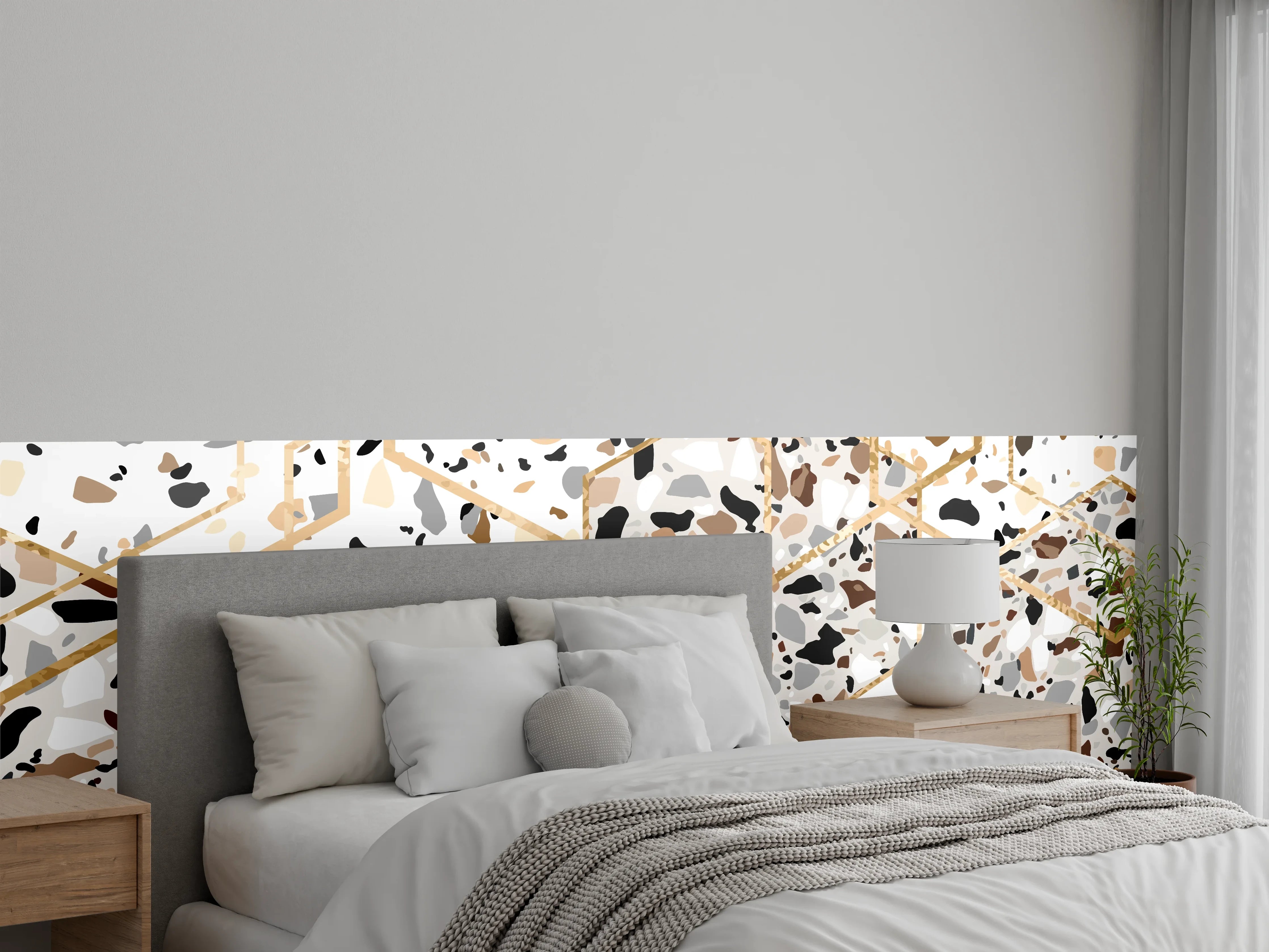 Wandverkleidung Schlafzimmer - Terrazzo-Muster mit goldenen Hexagonen