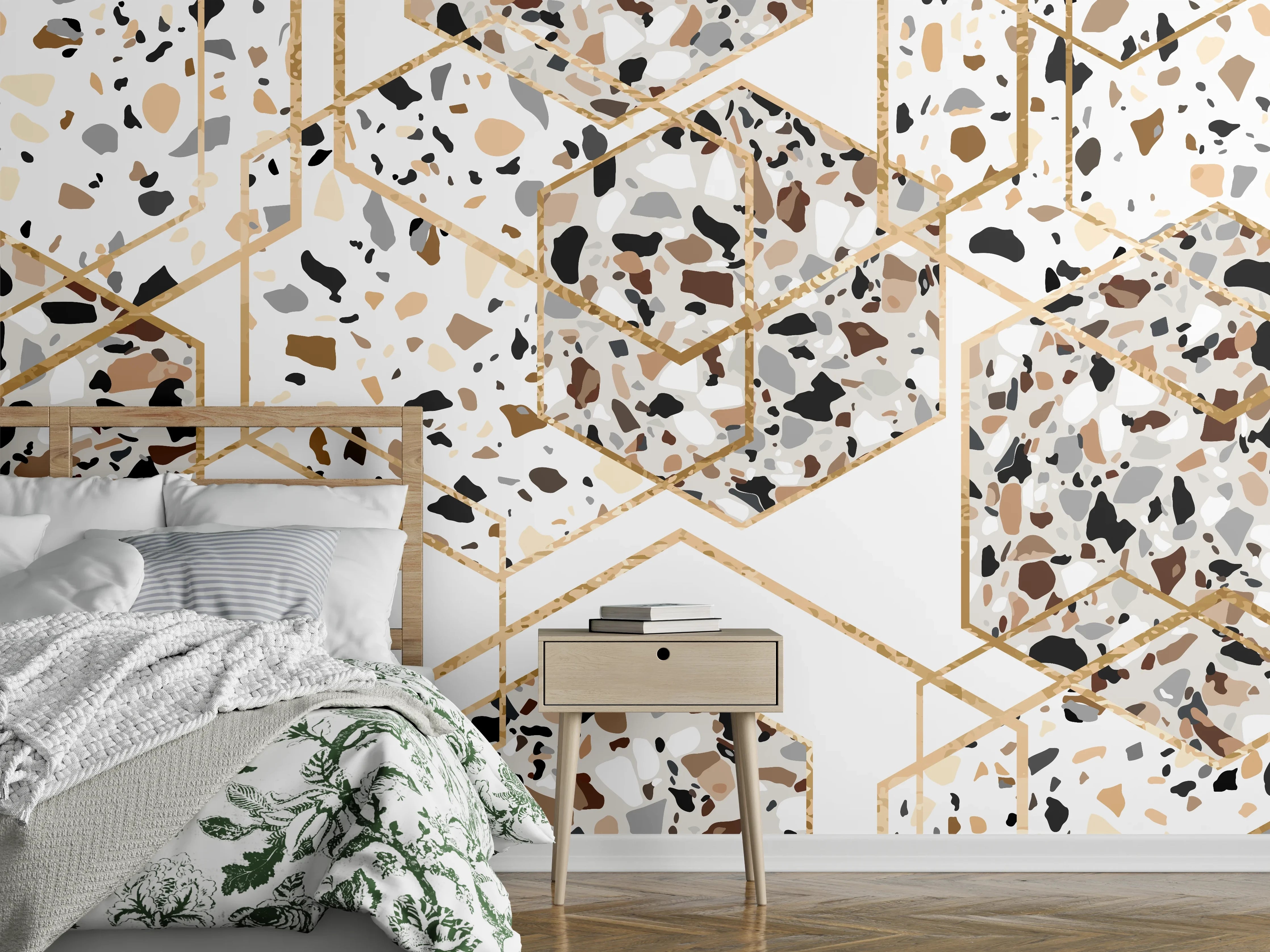 Wandverkleidung Schlafzimmer - Terrazzo-Muster mit goldenen Hexagonen