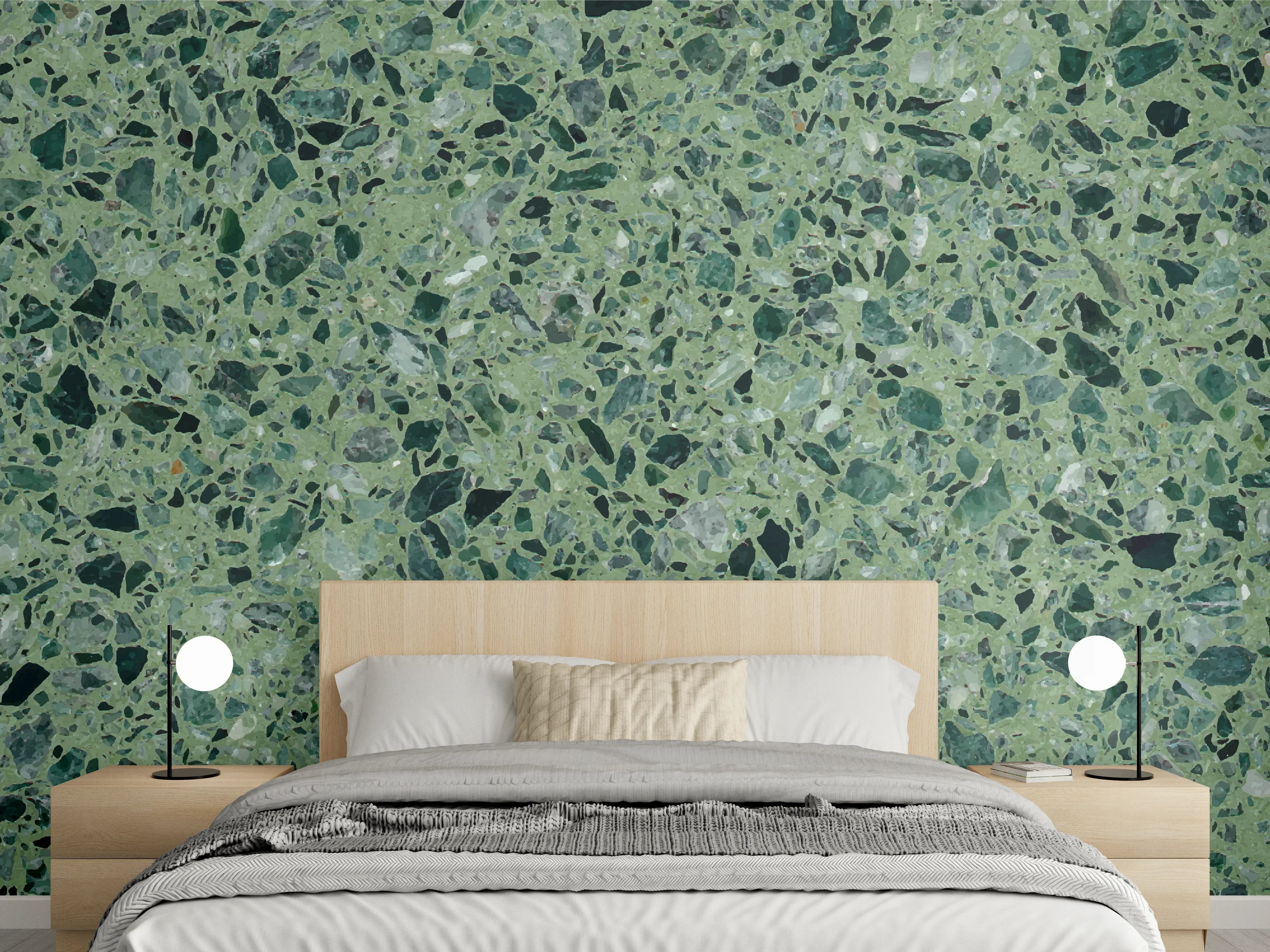 Wandverkleidung Schlafzimmer - Terrazzo Textur auf türkisem Hintergrund