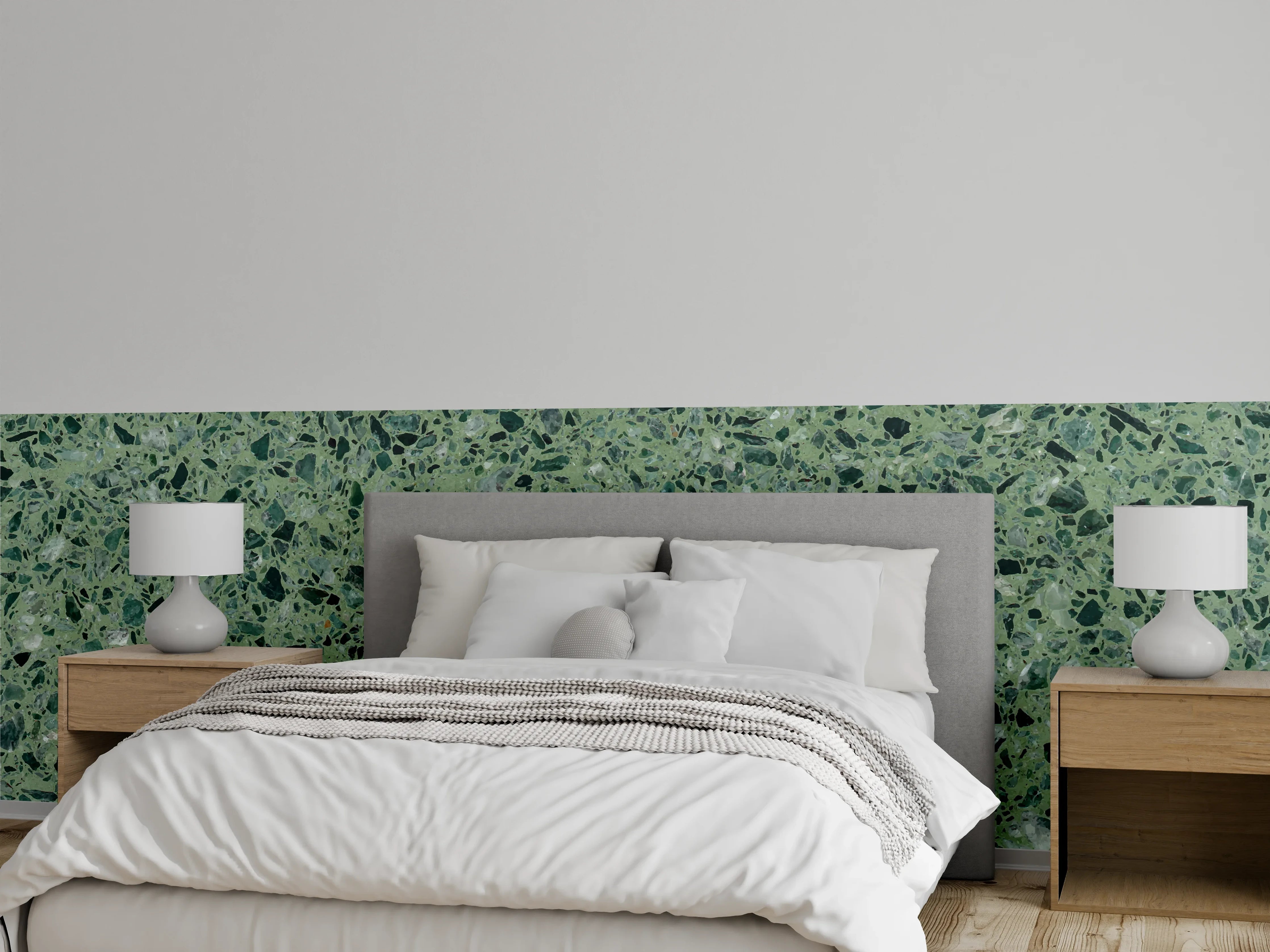Wandverkleidung Schlafzimmer - Terrazzo Textur auf türkisem Hintergrund