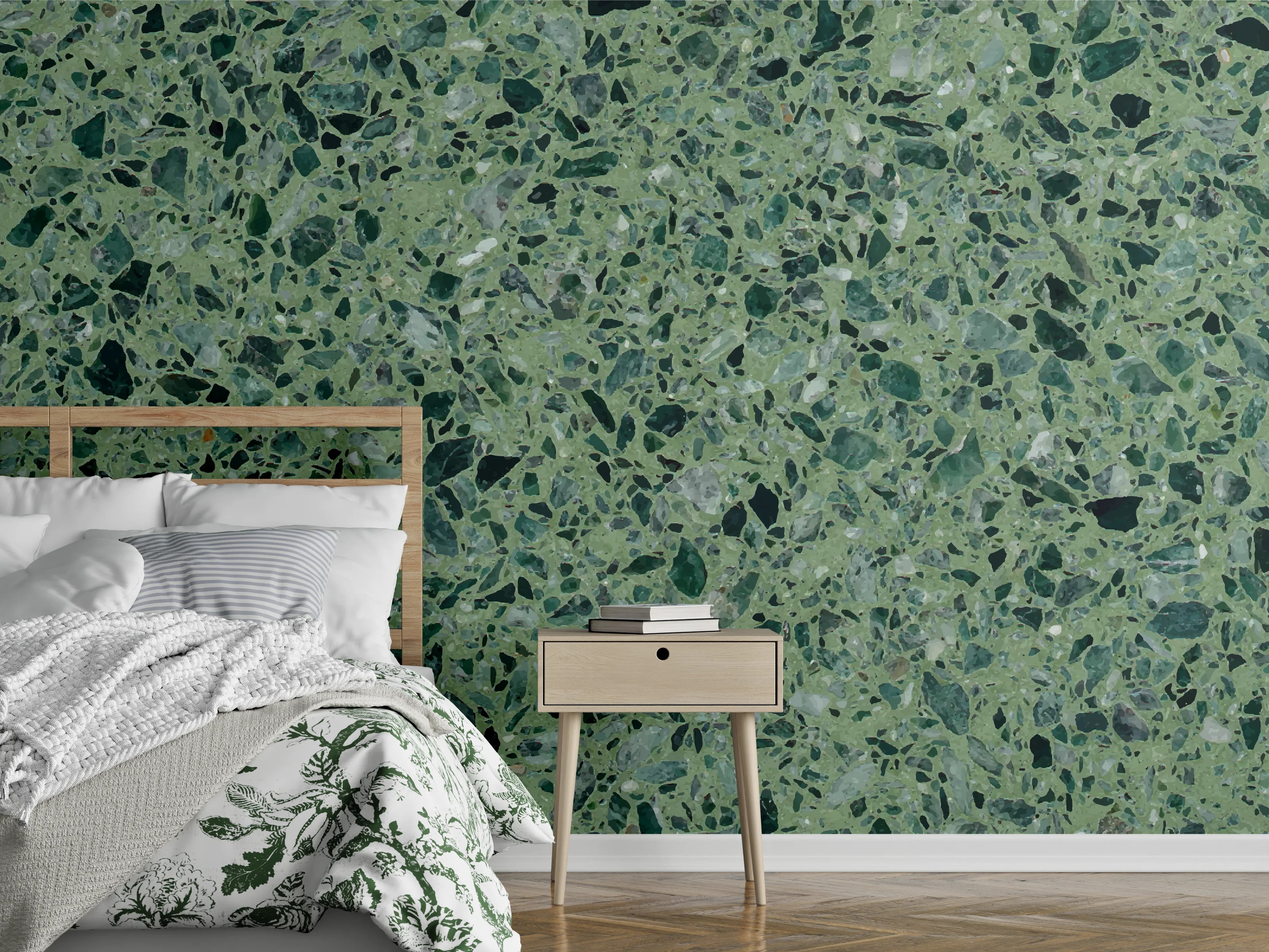 Wandverkleidung Schlafzimmer - Terrazzo Textur auf türkisem Hintergrund
