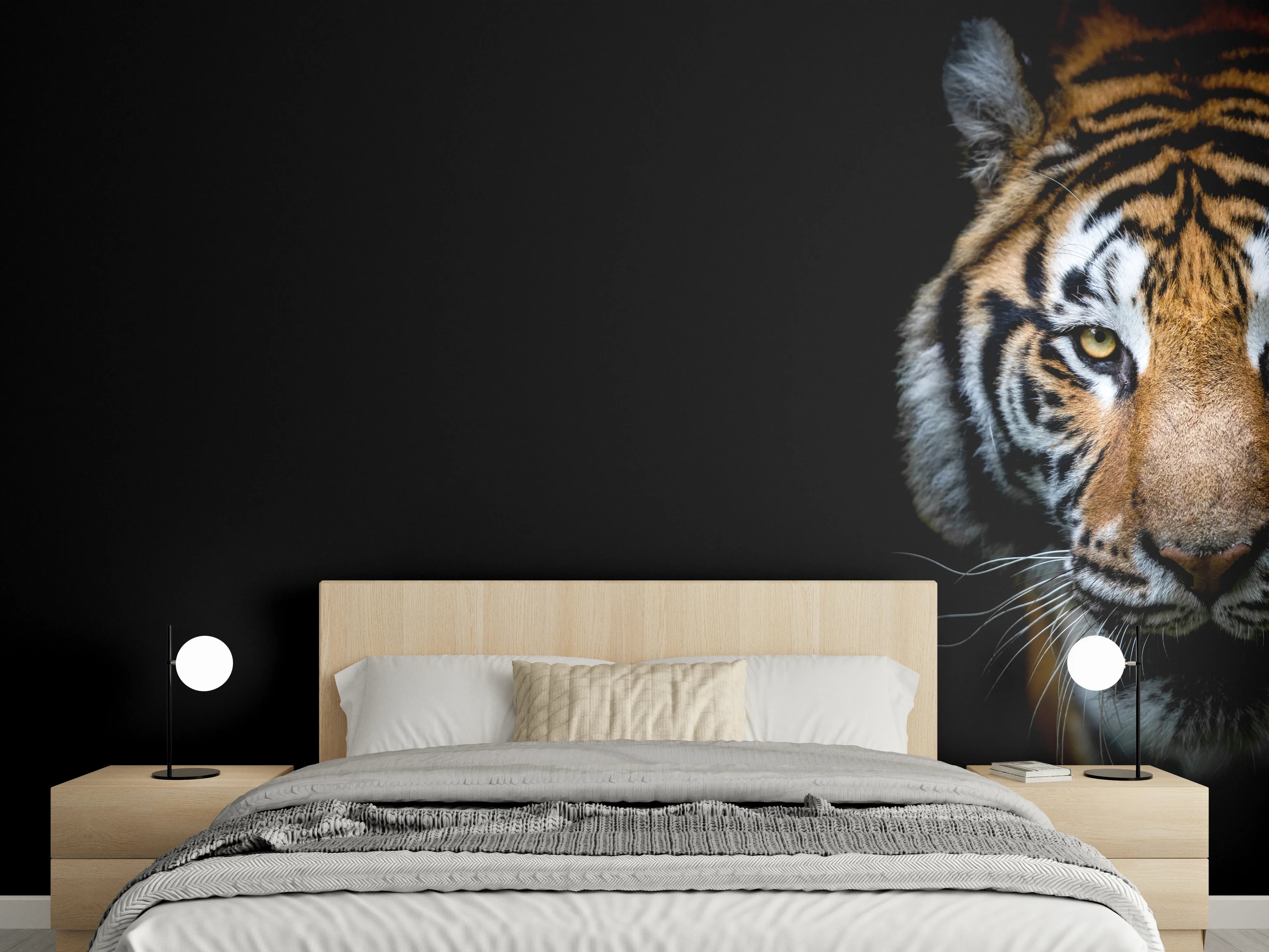 Wandverkleidung Schlafzimmer - Tiger auf schwarzem Hintergrund