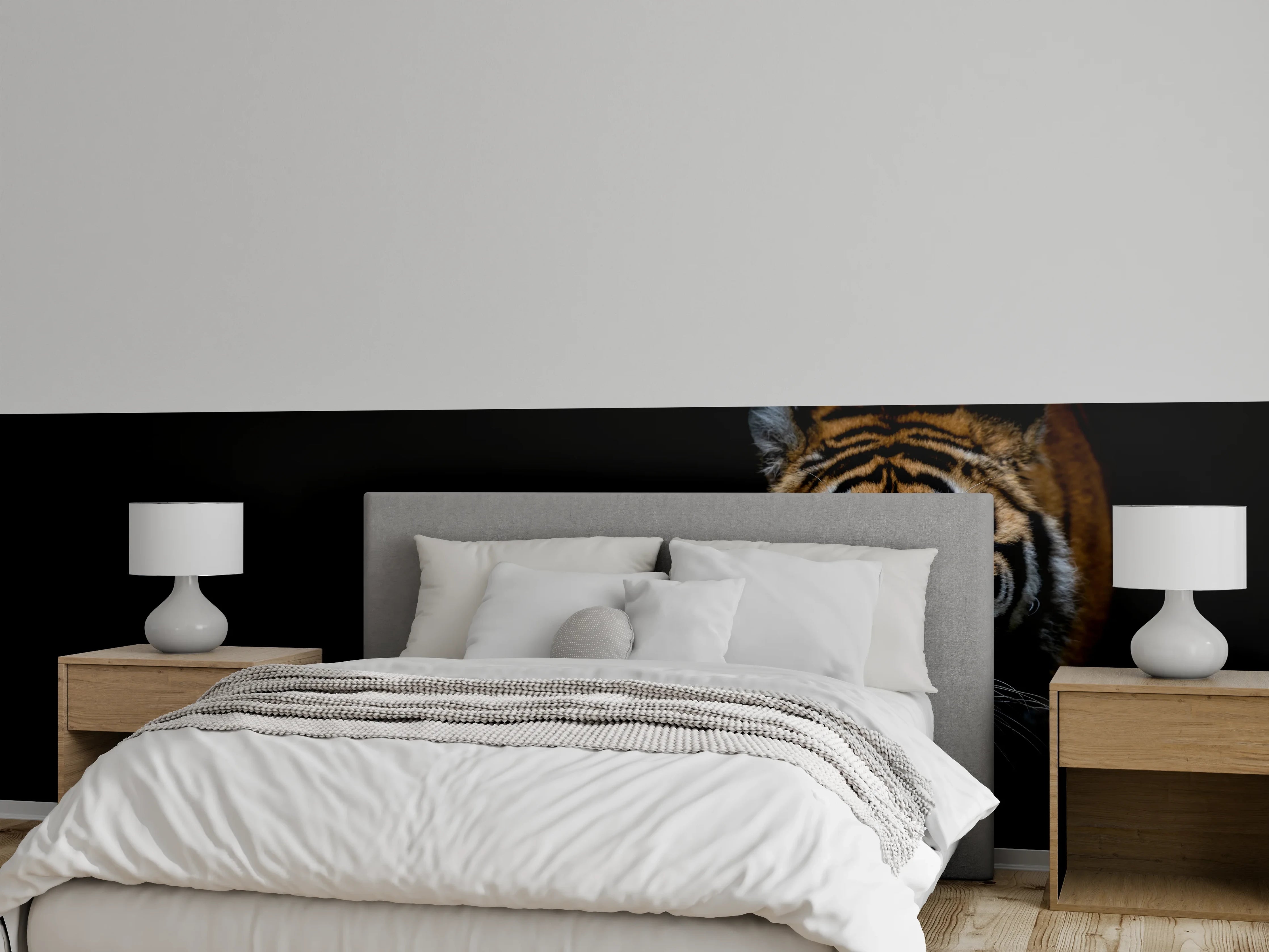 Wandverkleidung Schlafzimmer - Tiger auf schwarzem Hintergrund