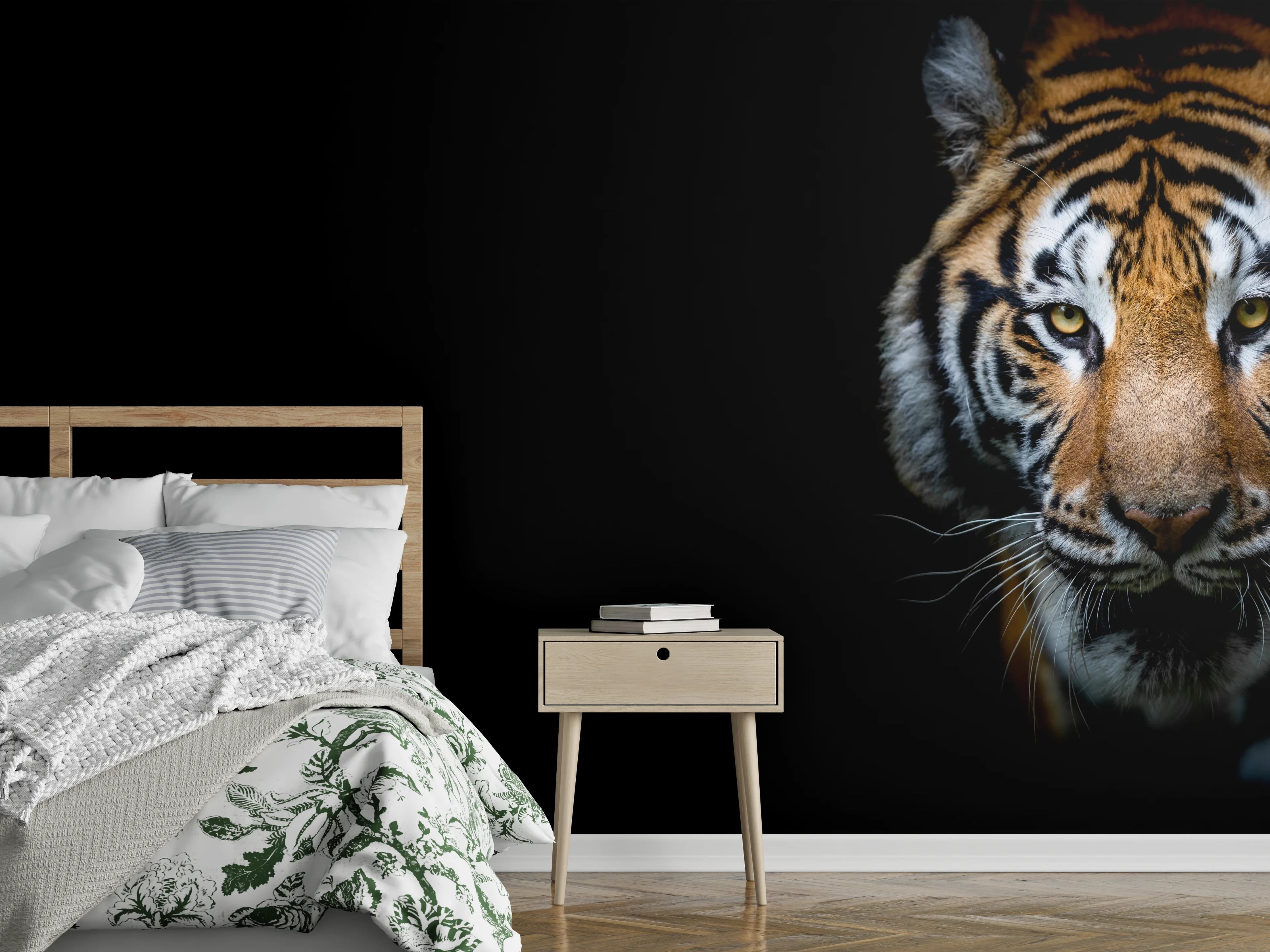 Wandverkleidung Schlafzimmer - Tiger auf schwarzem Hintergrund