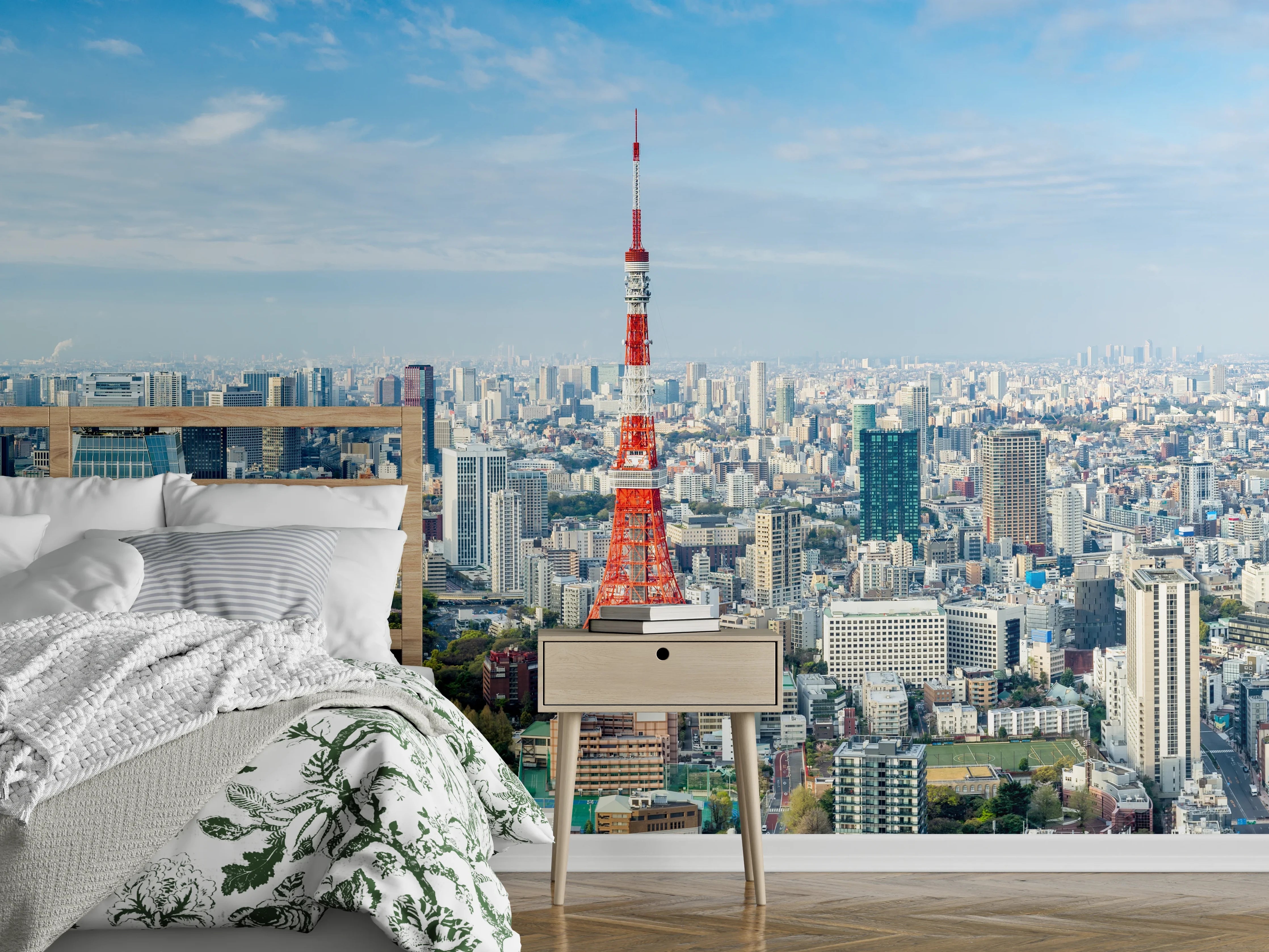 Wandverkleidung Schlafzimmer - Tokio Skyline Rot-Blau