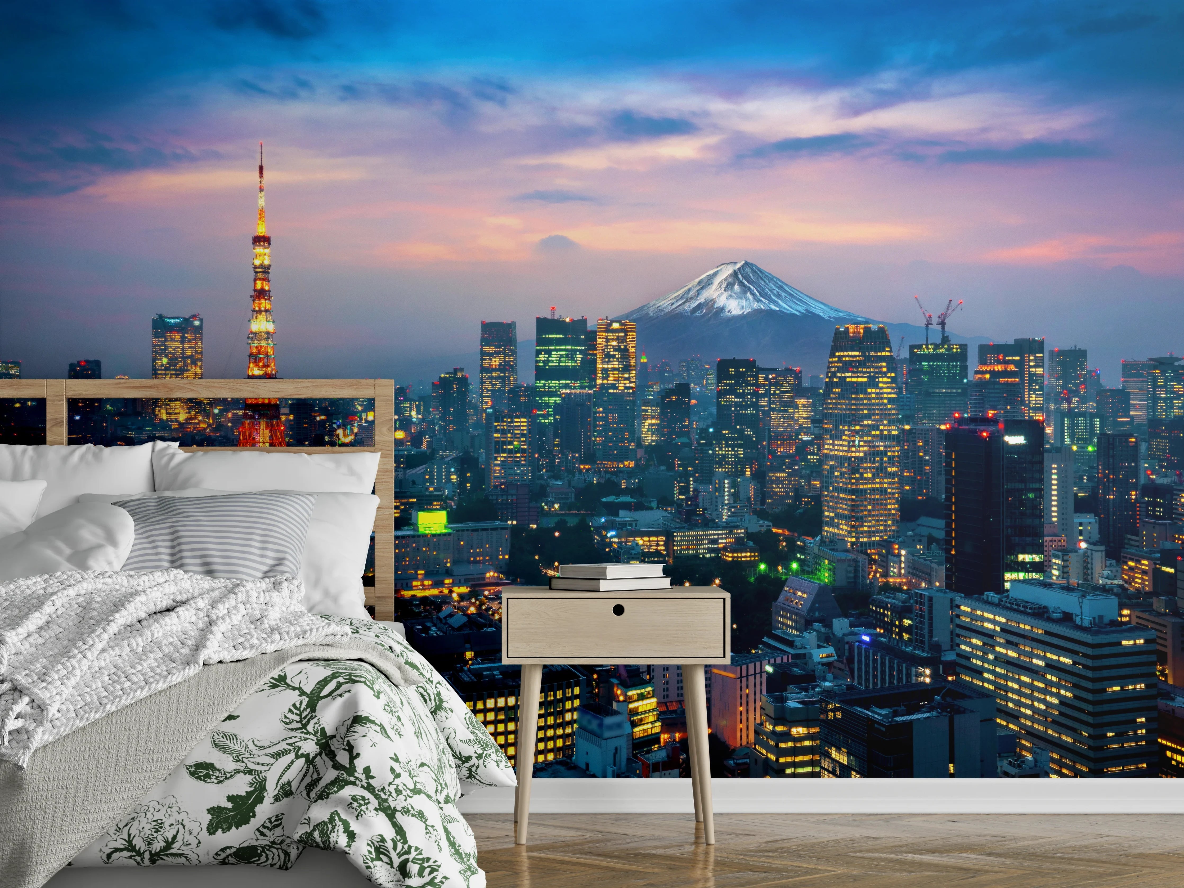 Wandverkleidung Schlafzimmer - Tokio Skyline mit Mt. Fuji bei Dämmerung