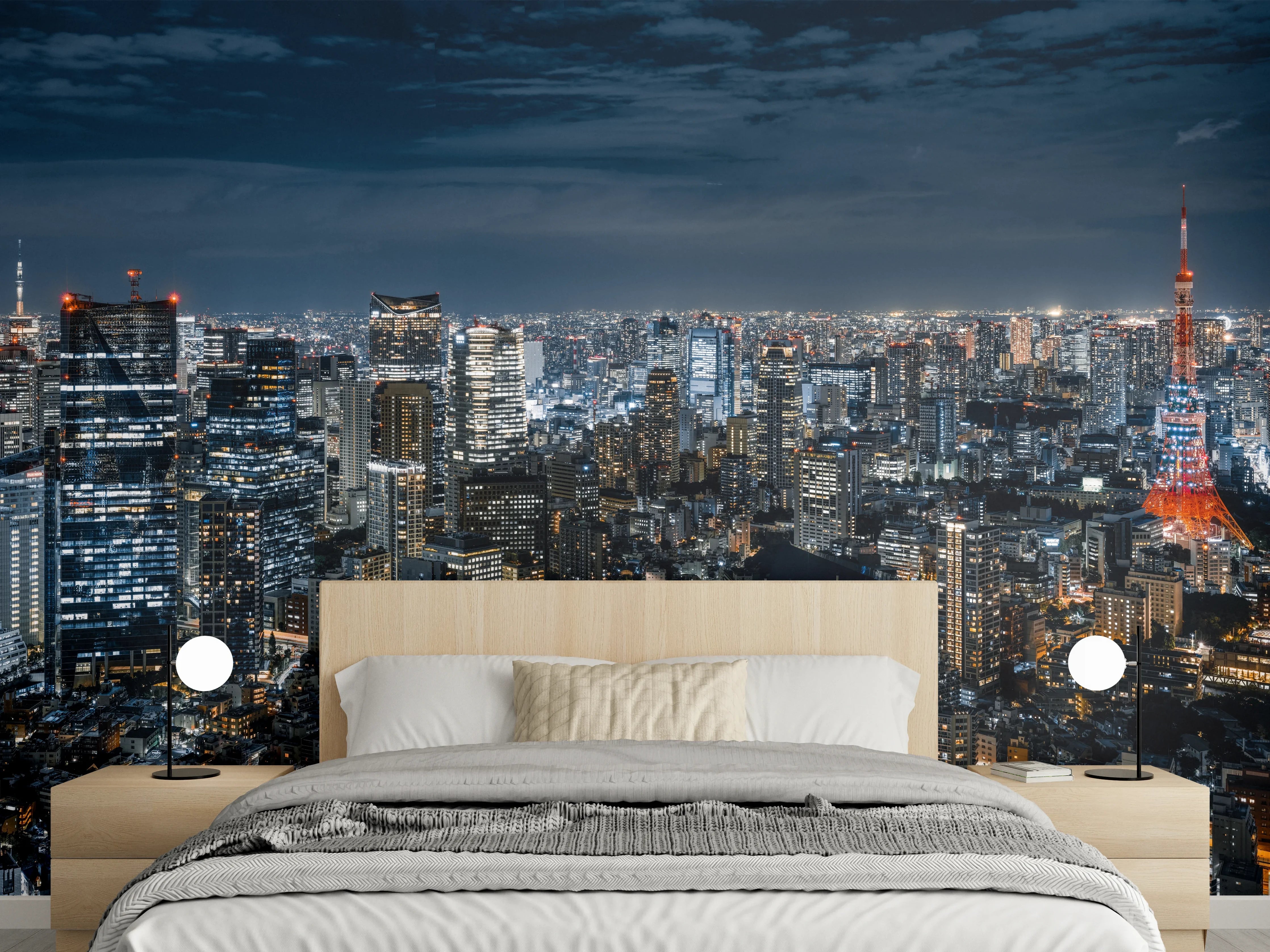 Wandverkleidung Schlafzimmer - Tokyo Skyline bei Nacht: Großstadtpanorama