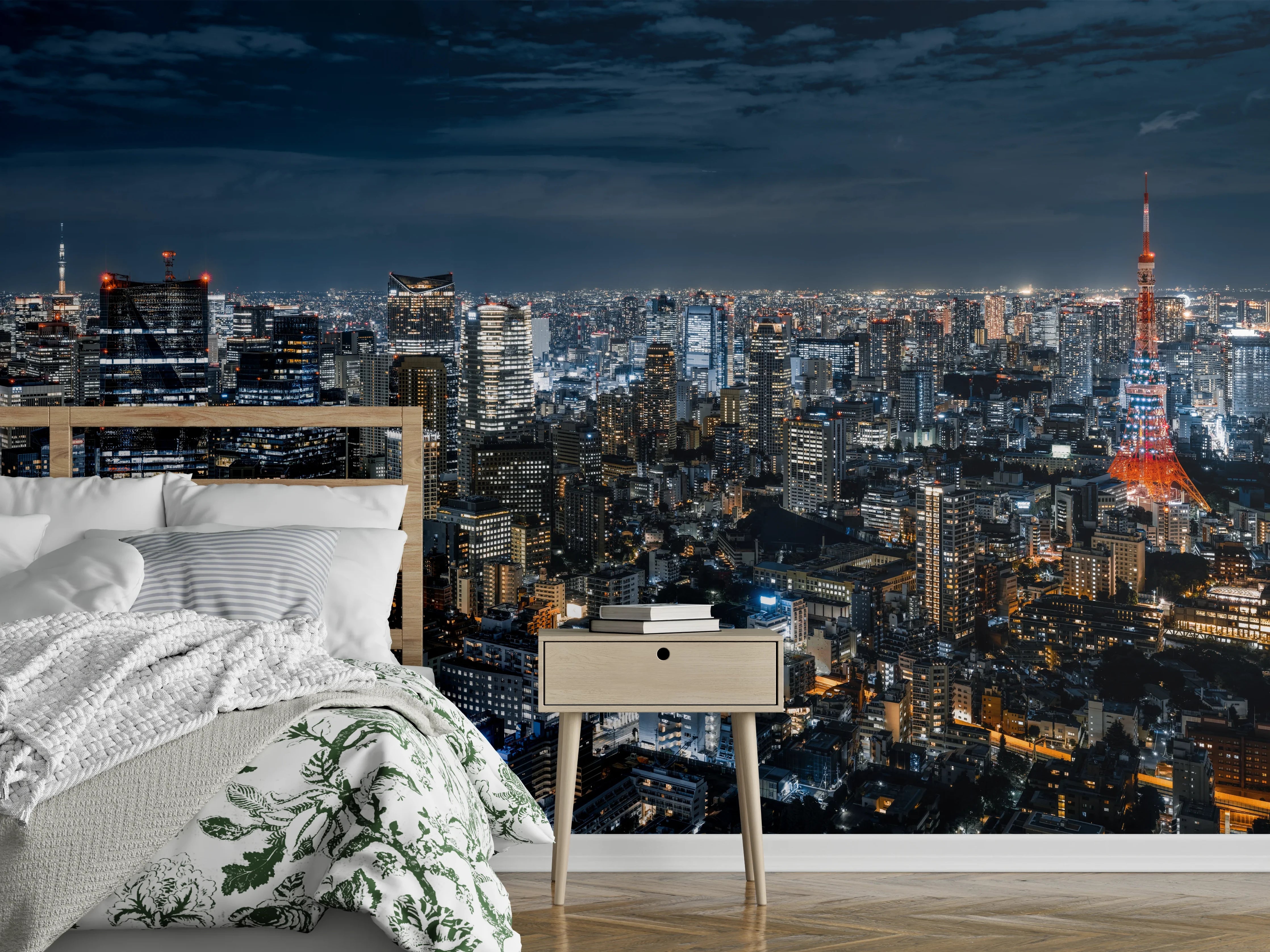 Wandverkleidung Schlafzimmer - Tokyo Skyline bei Nacht: Großstadtpanorama