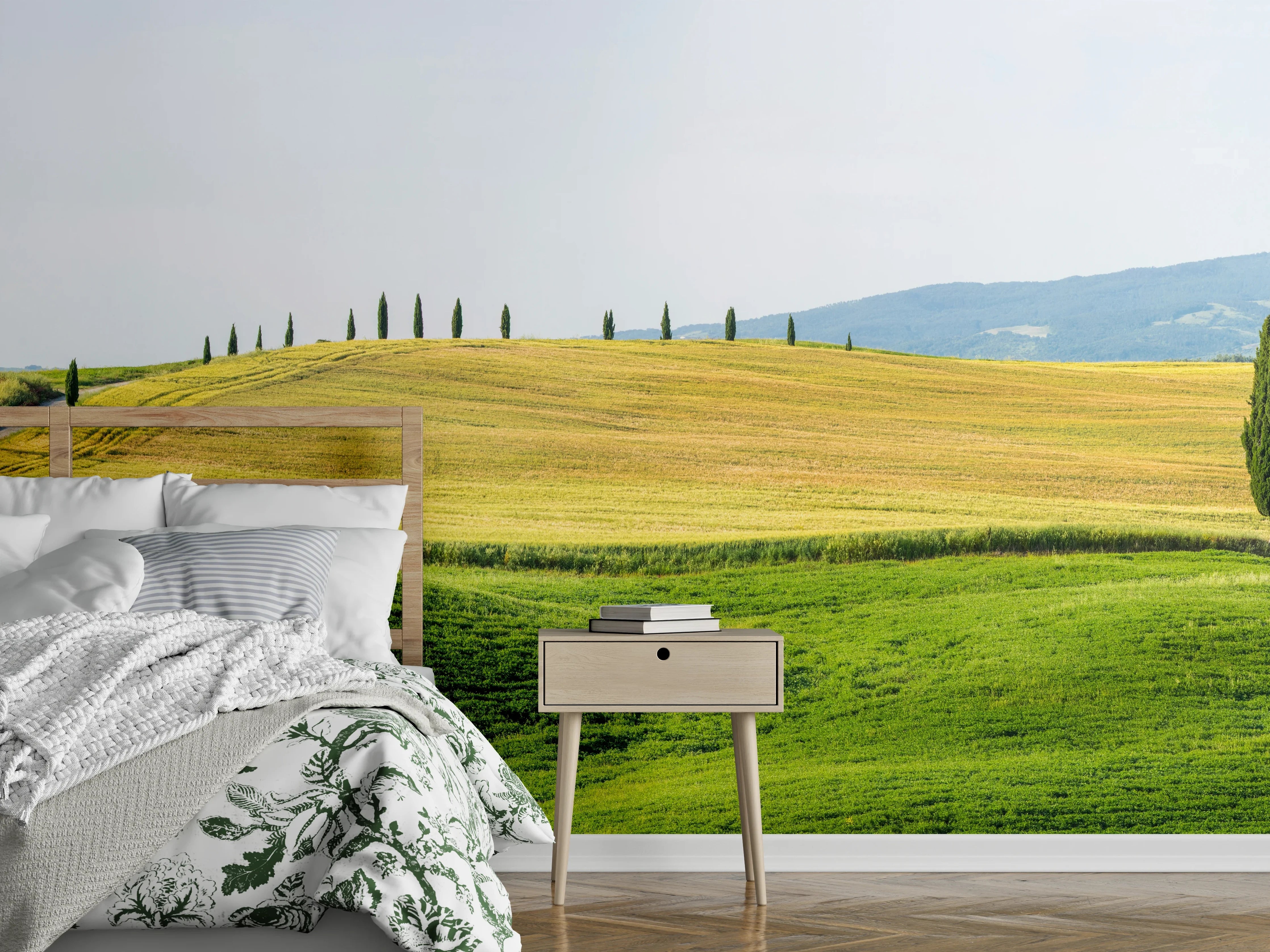 Wandverkleidung Schlafzimmer - Toskana Hügel Panorama Grün-Gelb