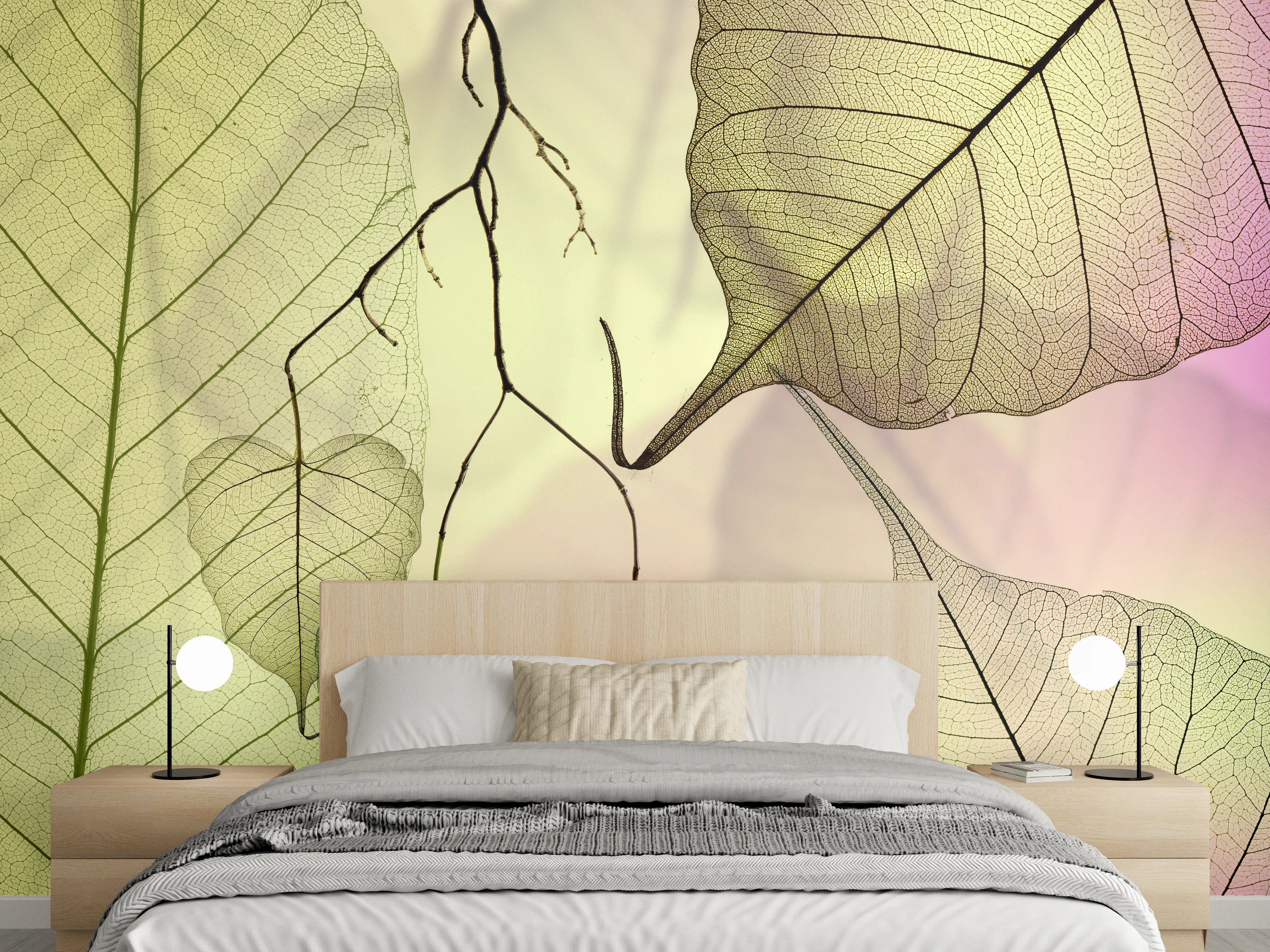 Wandverkleidung Schlafzimmer - Transparente Blätter auf sanftem Farbverlauf
