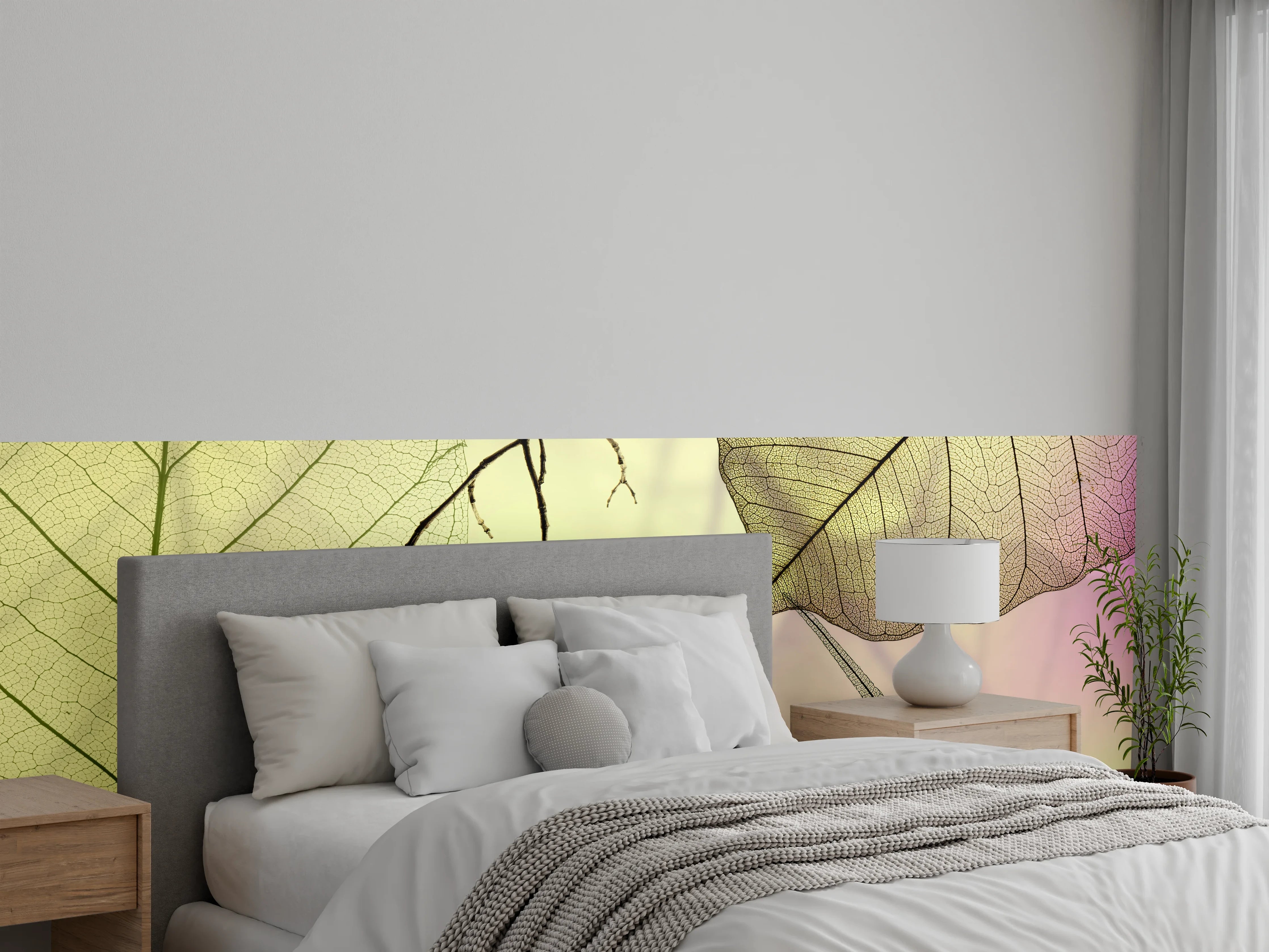 Wandverkleidung Schlafzimmer - Transparente Blätter auf sanftem Farbverlauf